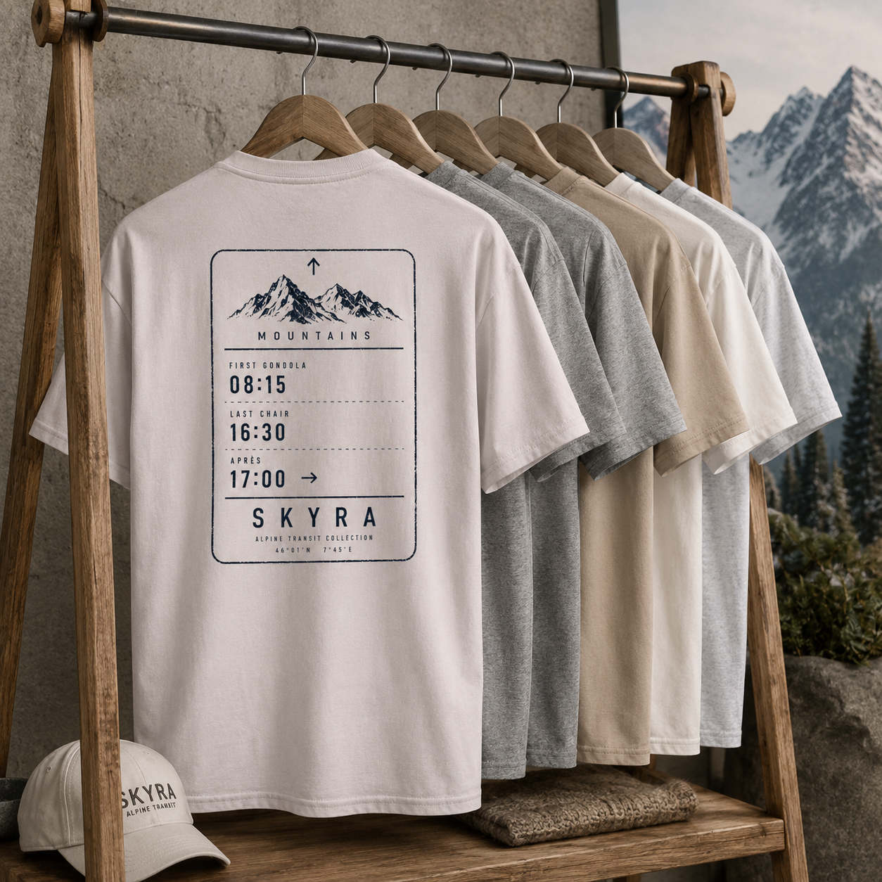 A white graphic T-shirt displayed on a wooden hanger rack, with several other T-shirts in gray, beige, and off-white hanging behind it. The front shirt features a black mountain graphic and text reading 'MOUNTAINS' and 'SKYRA'.