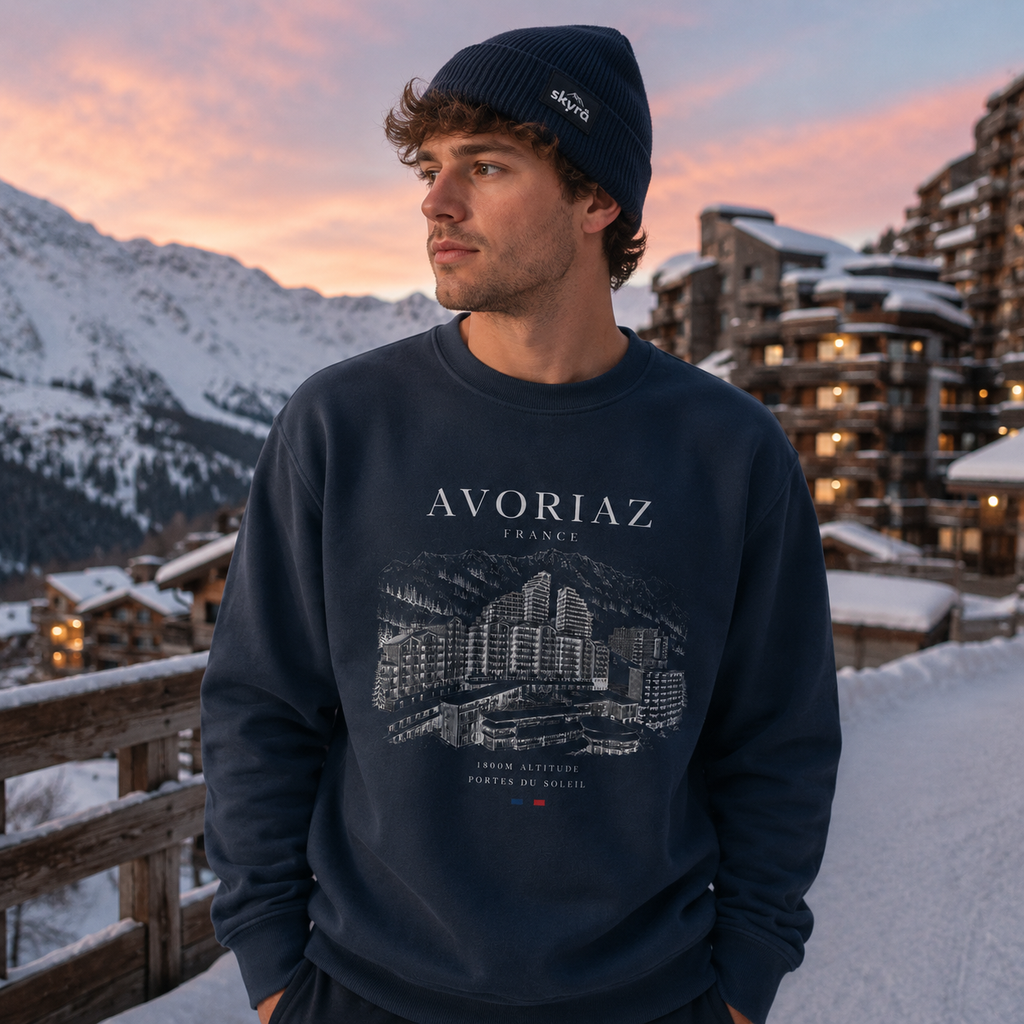 male wearing Avoriaz Navy sweatshirt at Avoriaz ski resort in france