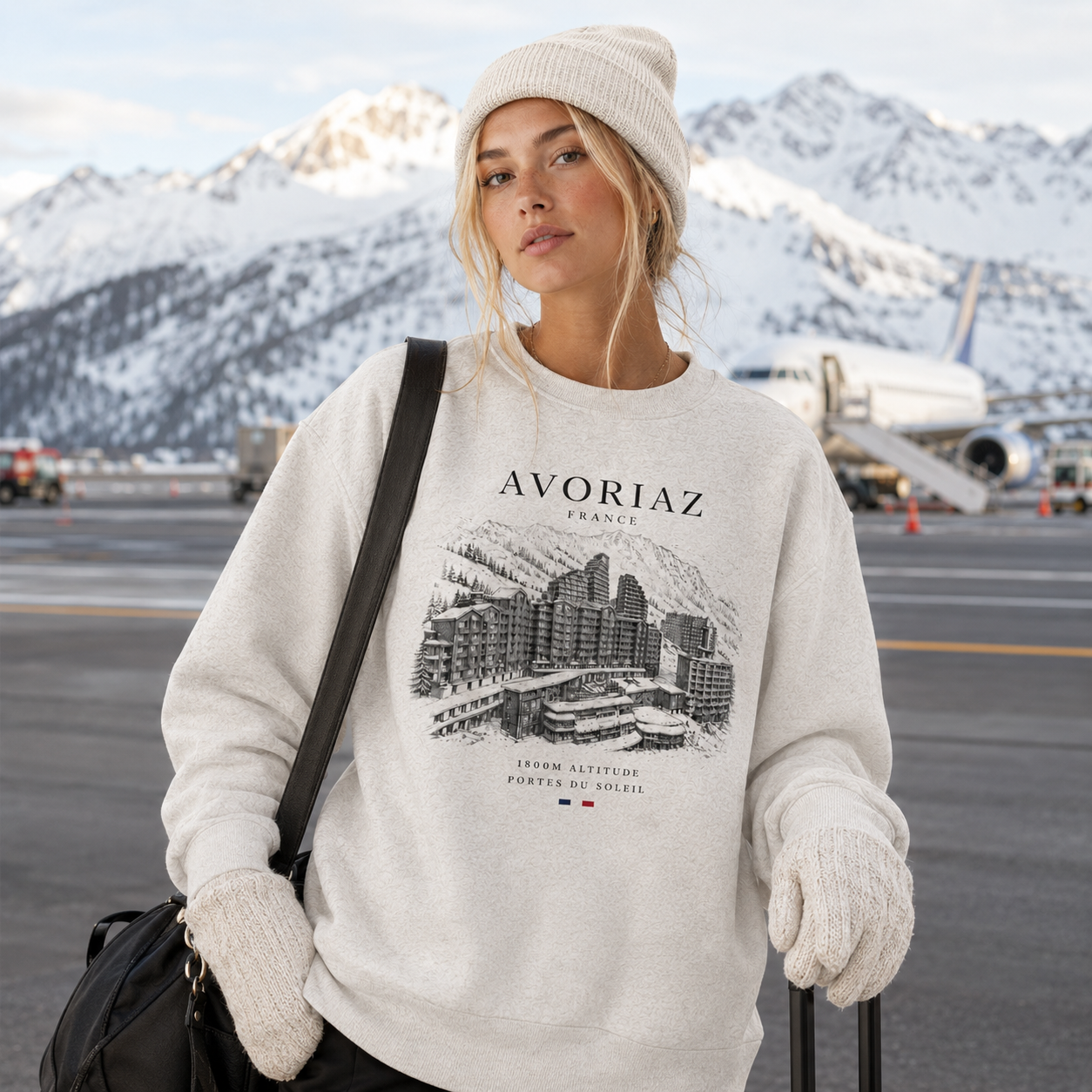 female on airport runway wearing Avoriaz France travel sweatshirt