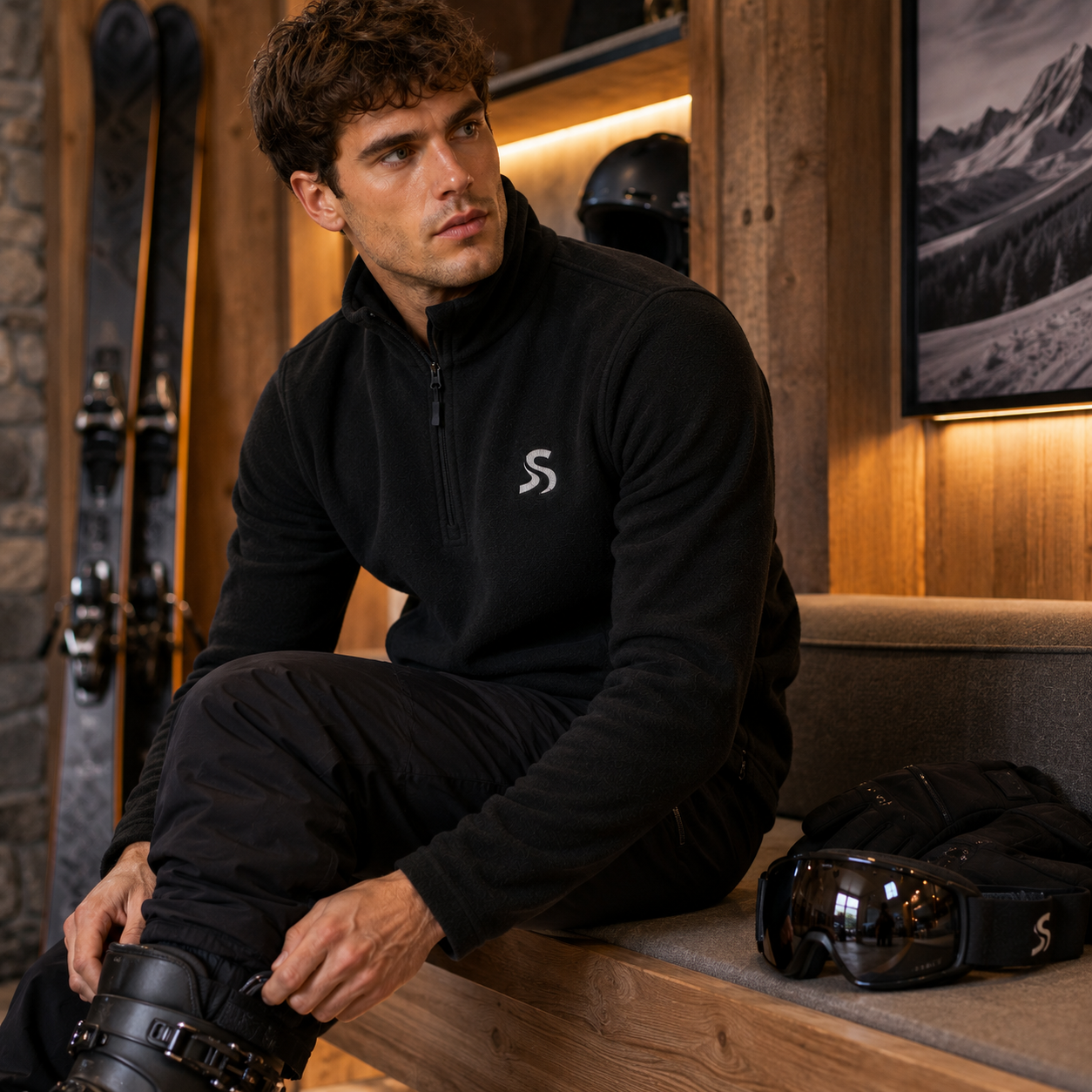 A man wearing a black half-zip fleece pullover with a white stylized 'S' logo sits on a wooden bench in a ski lodge setting, adjusting his ski boot. A matching black ski jacket and ski goggles rest on the bench next to him.