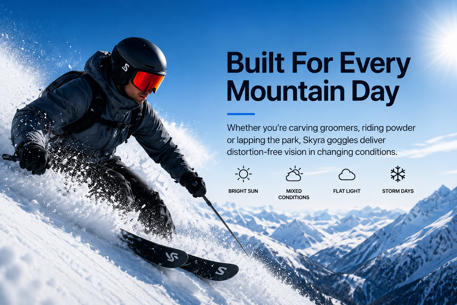 Person skiing down a mountain with text about Skyra snow goggles on a snowy alpine mountain background