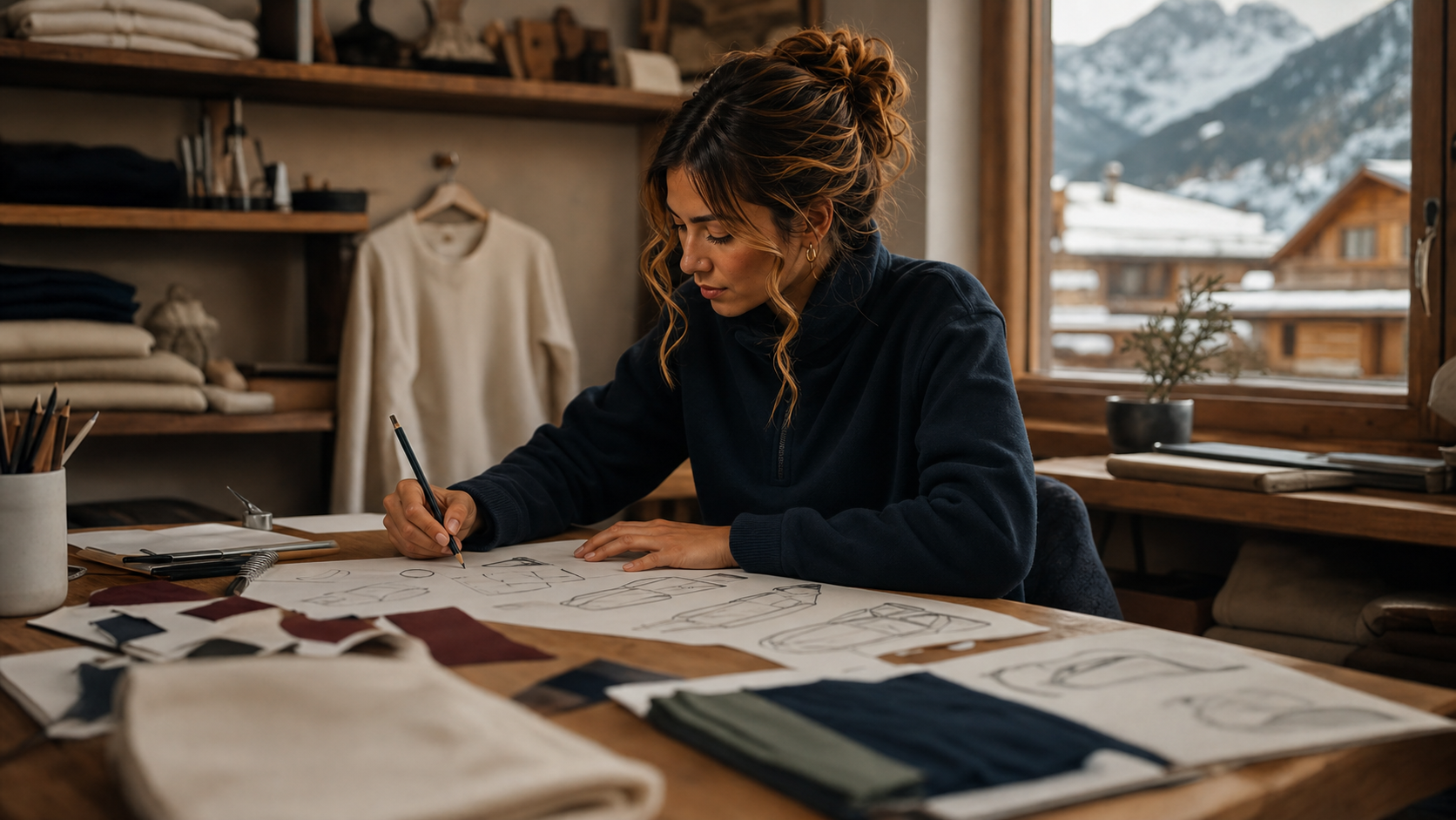 Ella founder of Skyra sits at a wooden table in a cozy workshop, writing on a sketchpad surrounded by fabric swatches and design papers. A window behind her shows a snowy mountain village outside.