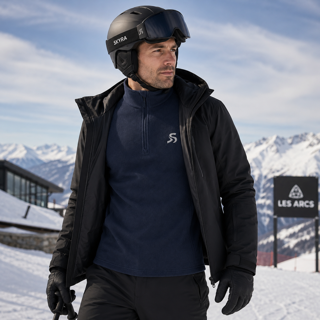 A man in a black helmet and goggles wearing a navy blue half-zip fleece and a black jacket, standing in the snow with mountains and a sign for Les Arcs in the background.