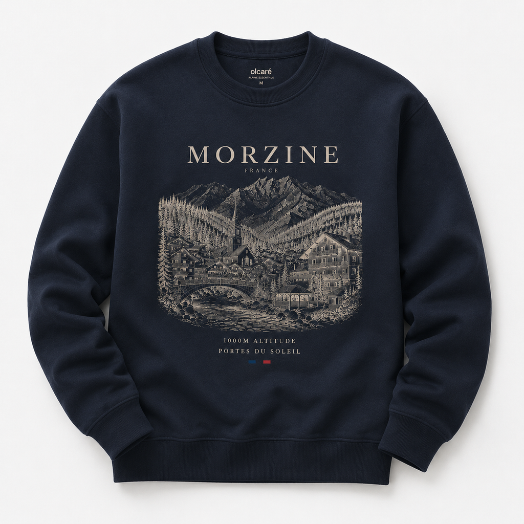 A navy blue crewneck sweatshirt with a detailed vintage-style graphic of the town of Morzine, France, printed in beige and dark blue. The brand name 'oliver' is visible on the inner neck label.