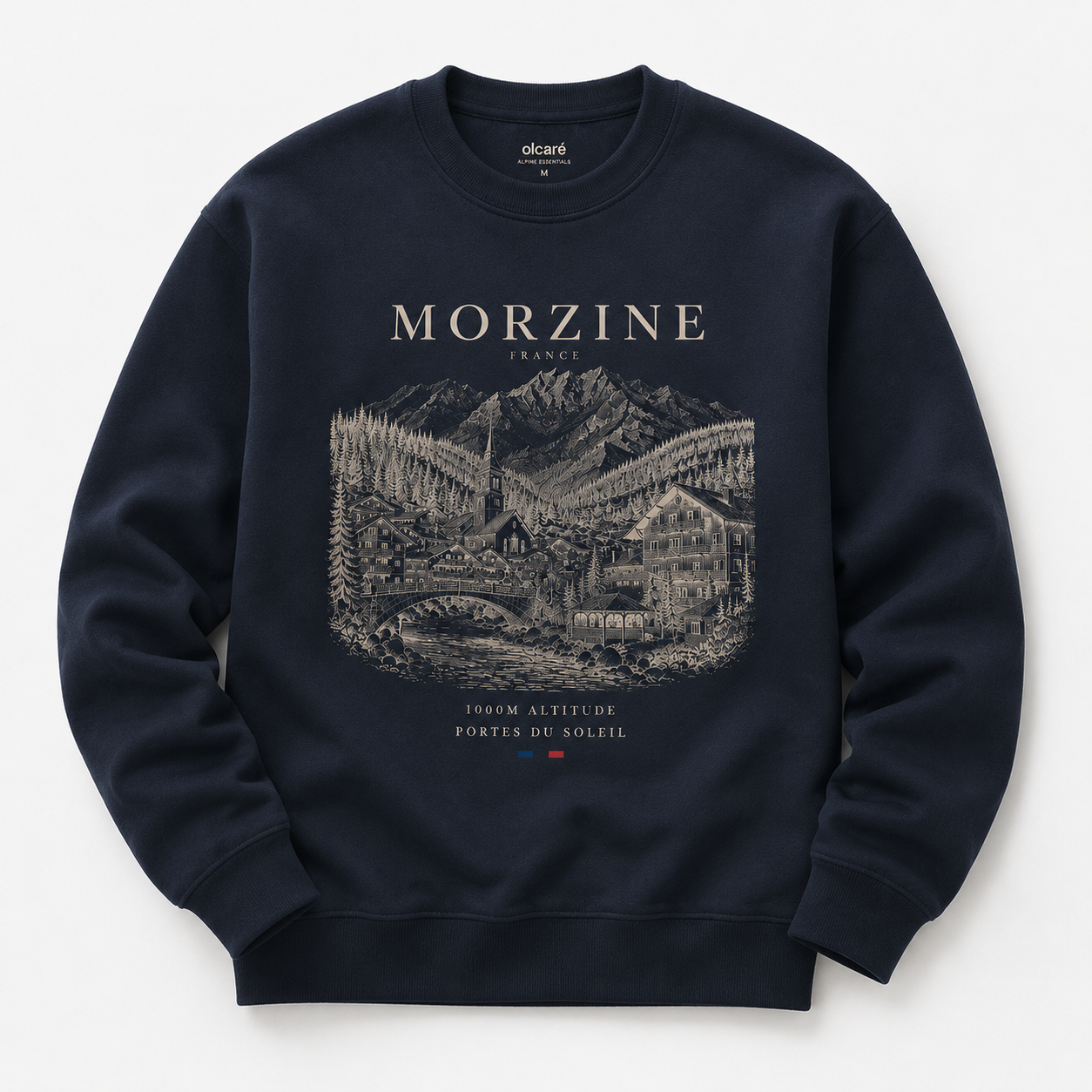 A navy blue crewneck sweatshirt with a detailed vintage-style graphic of the town of Morzine, France, printed in beige and dark blue. The brand name 'oliver' is visible on the inner neck label.