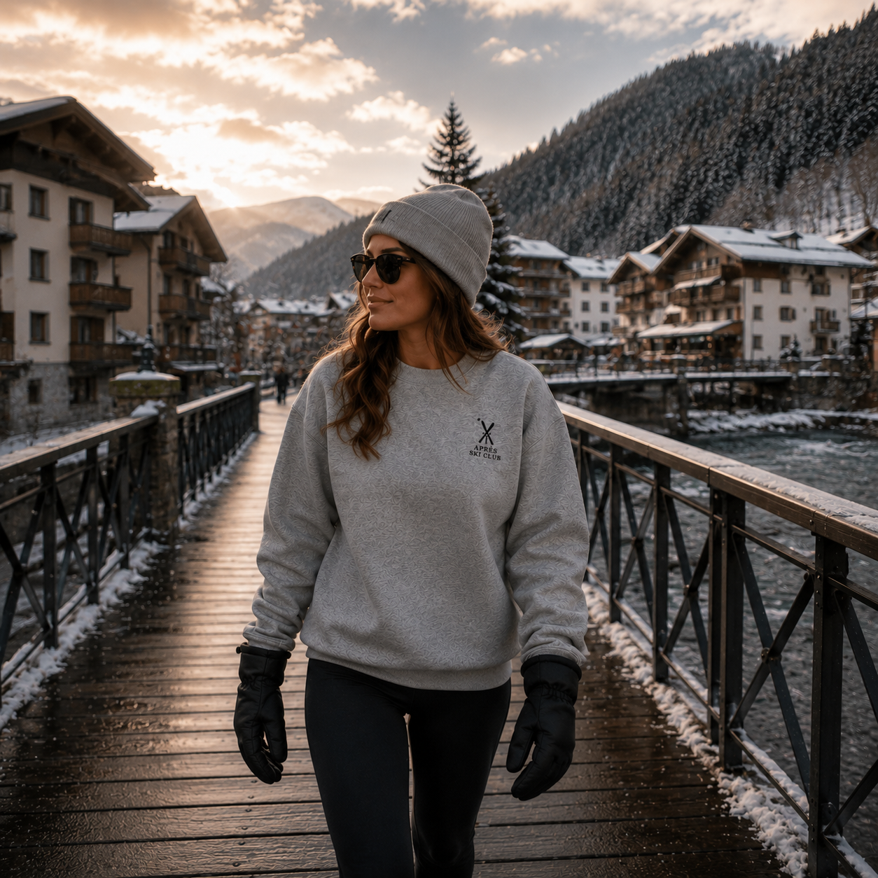 female wearing ski apres ski sweatshirt winter walk in Morzine France