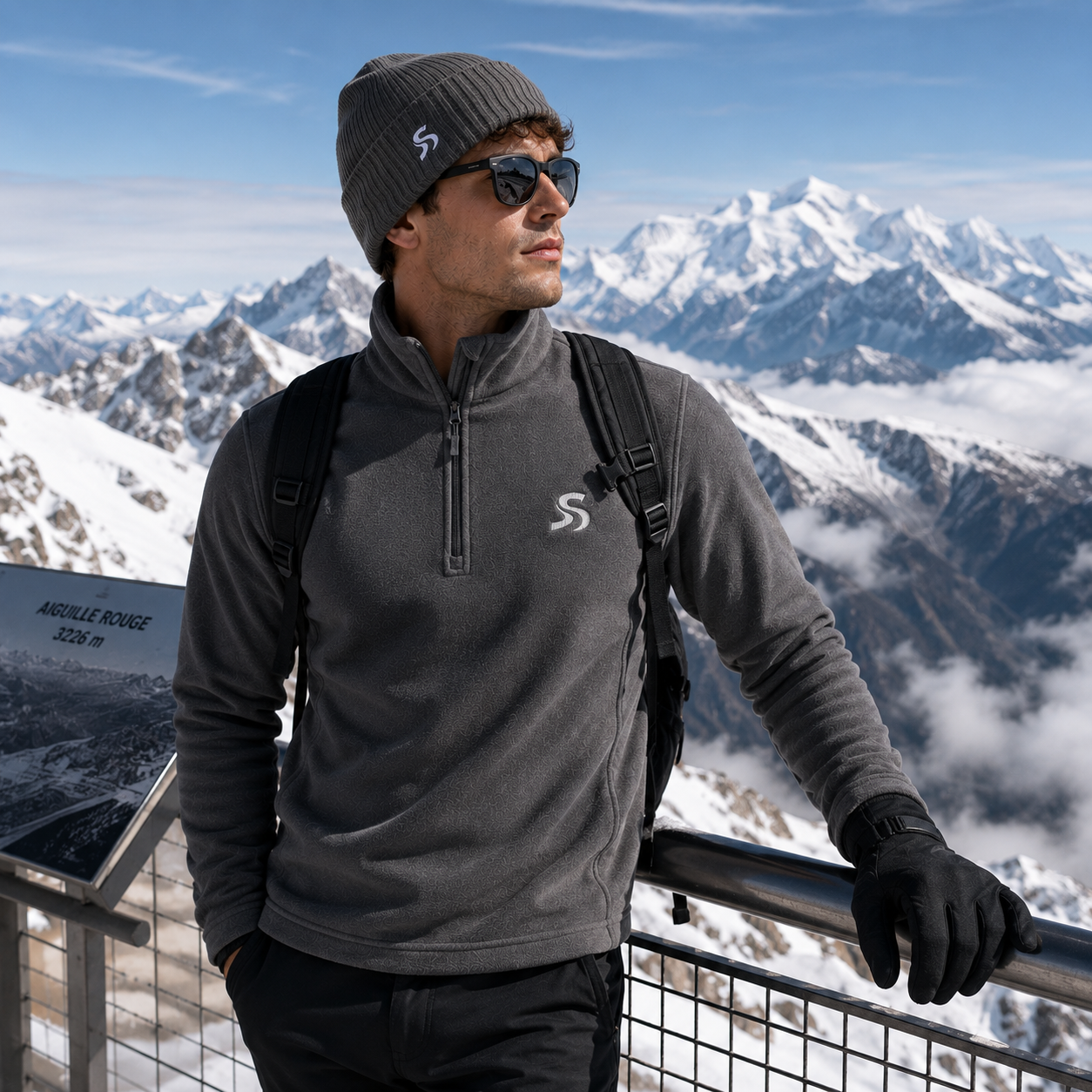A man wearing a gray quarter-zip fleece pullover, a gray beanie with a white logo, black sunglasses, and black gloves stands at a mountain overlook with snow-covered peaks in the background. The brand logo on the chest and beanie is visible.