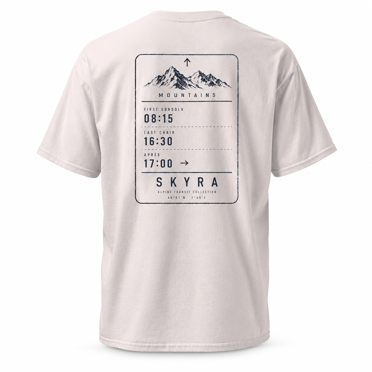 A light beige crewneck t-shirt shown from the back, featuring a large black graphic print styled like a vintage train ticket with a  Ski mountain illustration and the text 'SKYRA'. Apres , First Gondola and Last Chairlift