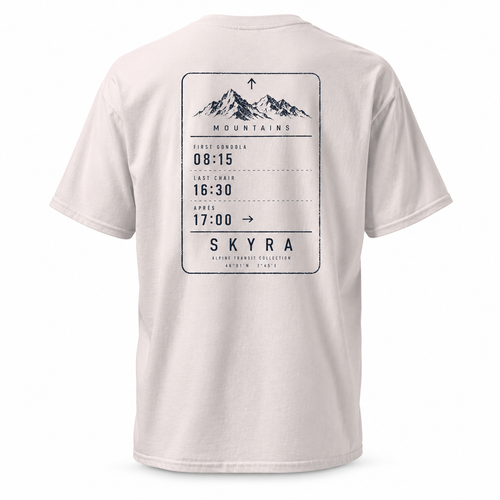A light beige crewneck t-shirt shown from the back, featuring a large black graphic print styled like a vintage train ticket with a  Ski mountain illustration and the text 'SKYRA'. Apres , First Gondola and Last Chairlift