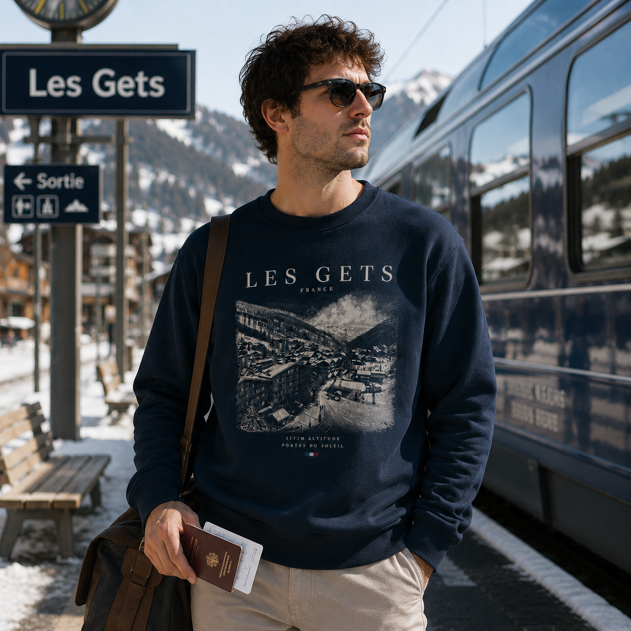 Man wearing a 'Les Gets' sweatshirt at a train station with snowy mountains in the background.