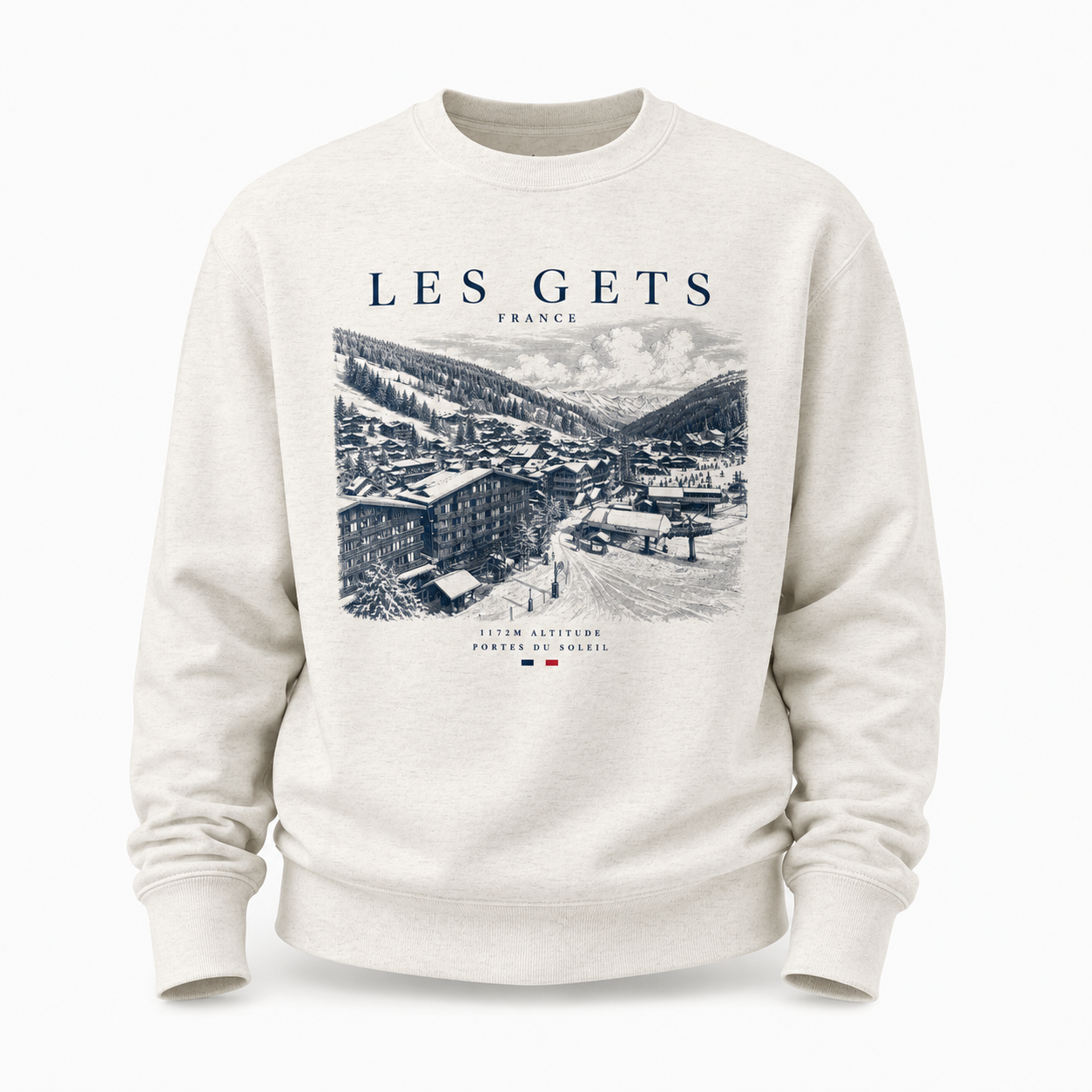 Beige sweatshirt with 'Les Gets, France' graphic on a white background