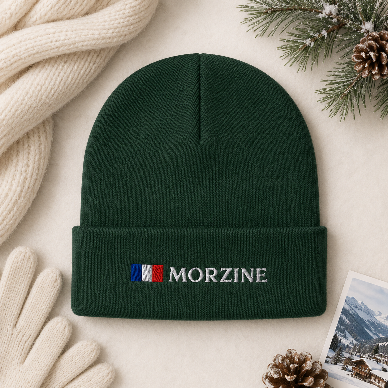 A dark green knit beanie with a folded cuff featuring the embroidered 'MORZINE' logo and a small blue, red, and white flag motif. The beanie is styled in a flat-lay arrangement with a cream knit scarf, cream knit gloves, pine branches, and a small photo card on a light beige background.