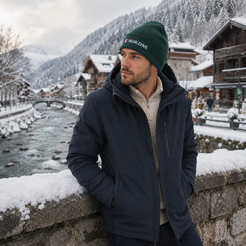 A man wearing a dark navy winter jacket and a green beanie with the MORZINE logo stands on a stone bridge overlooking a snowy mountain village and river.