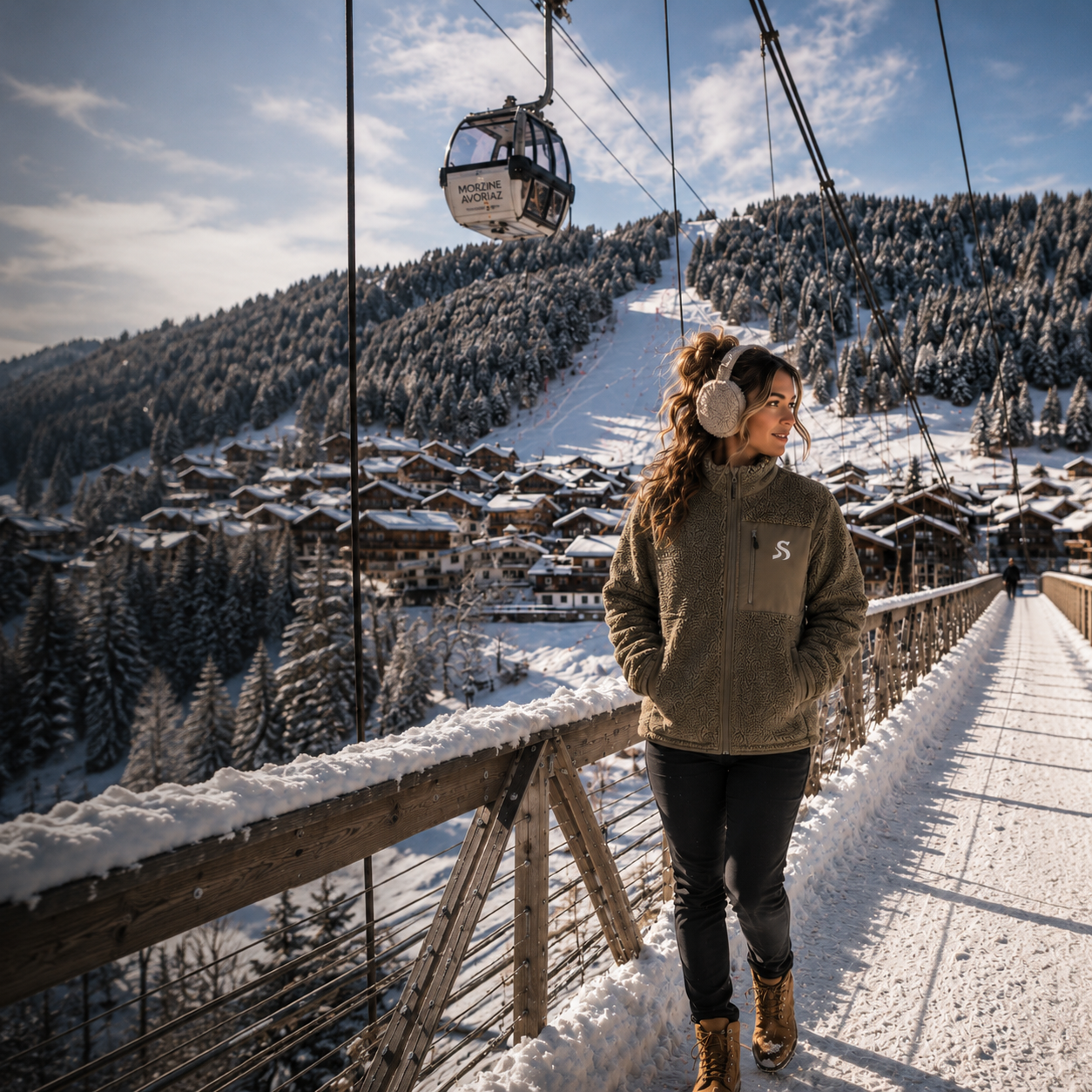A woman wearing a brown fleece pullover, dark pants, and brown boots stands on a snowy mountain walkway with ski lifts and morzine village in the background.