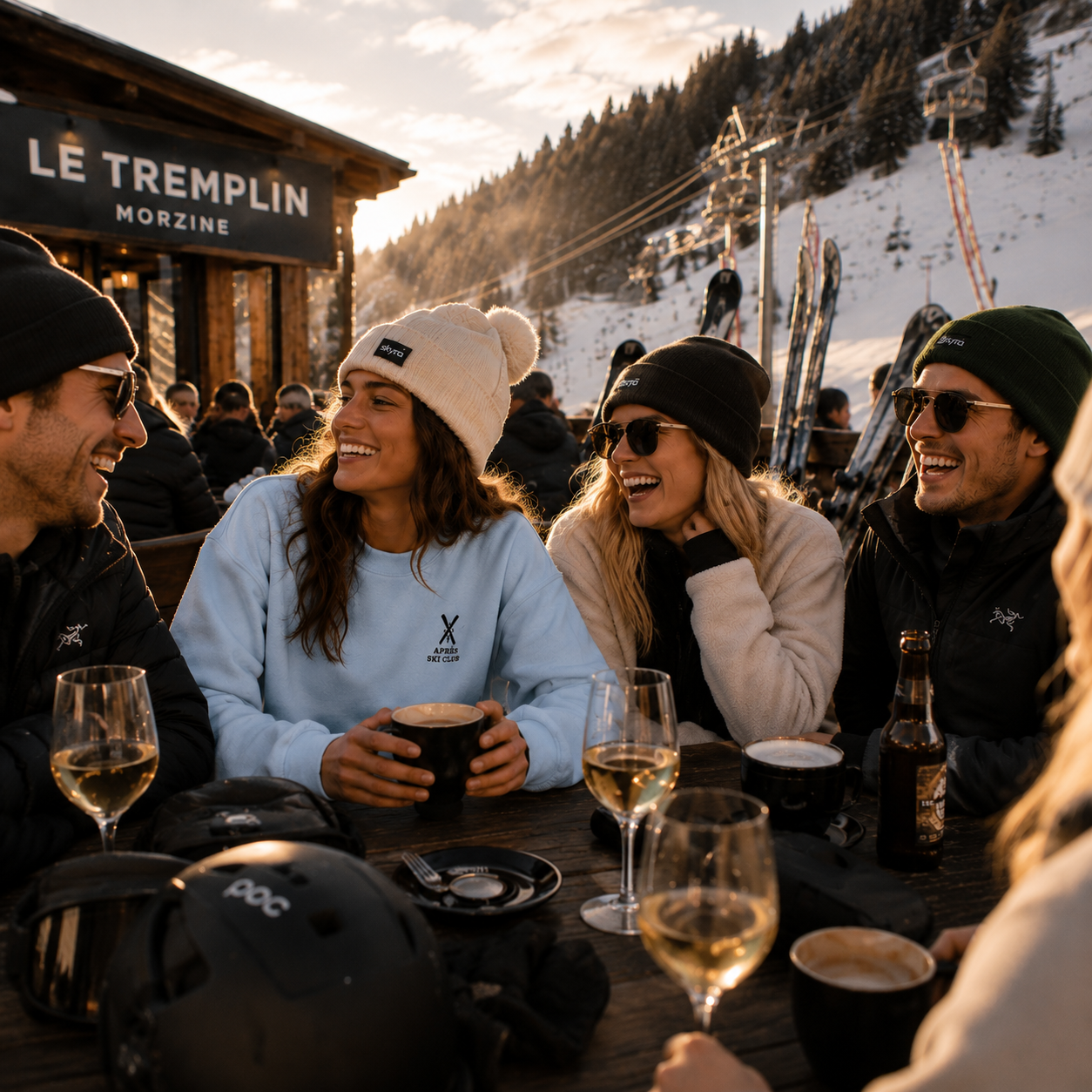 Female wearing light blue apres ski sweater enjoying a candid moment with ski buddies in Morzine France
