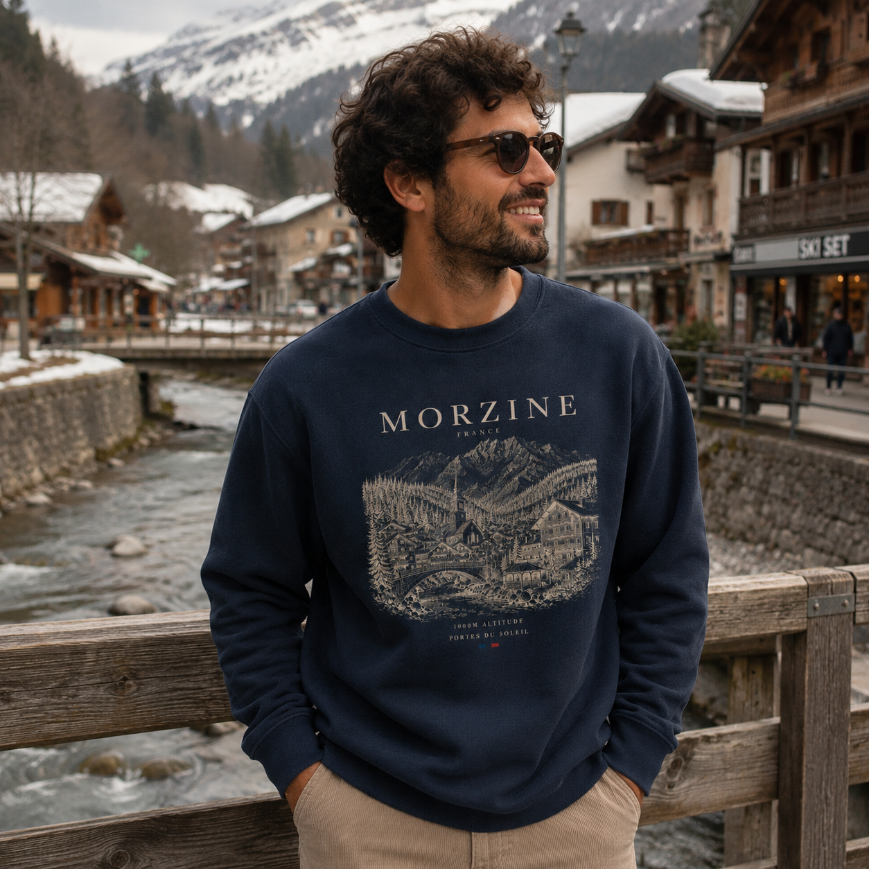 Man wearing a navy blue sweatshirt with 'Morzine' print, standing in a snowy village setting.