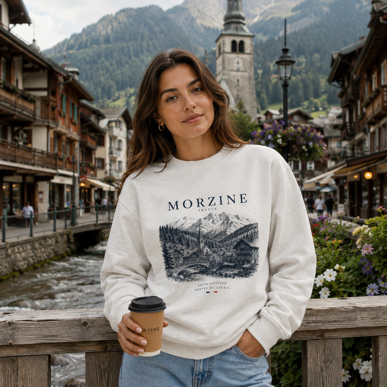 Woman wearing a 'Morzine' sweatshirt with a mountain graphic, holding a coffee cup, in a scenic town setting.