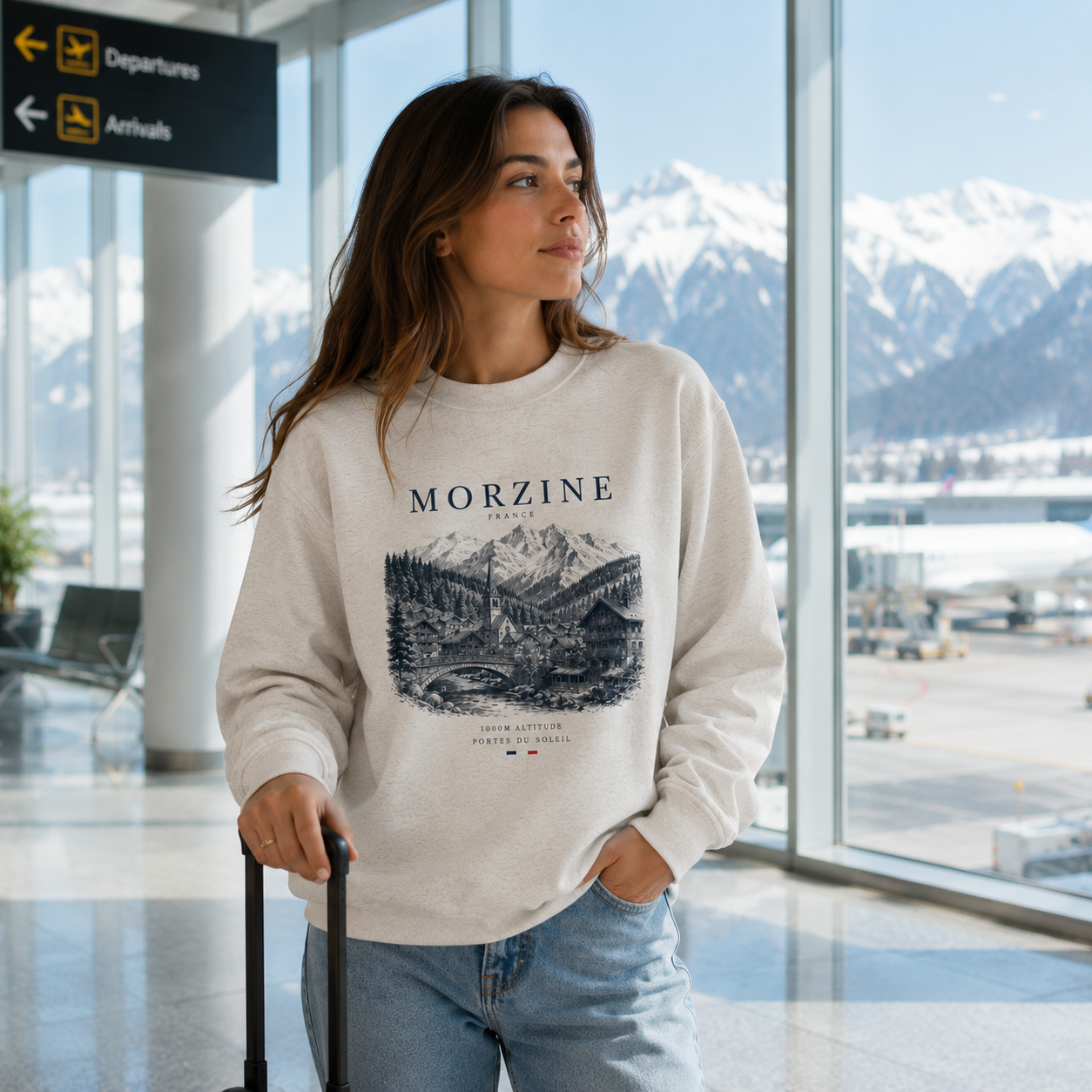 Woman in a 'Morzine' sweatshirt at an airport with mountains in the background