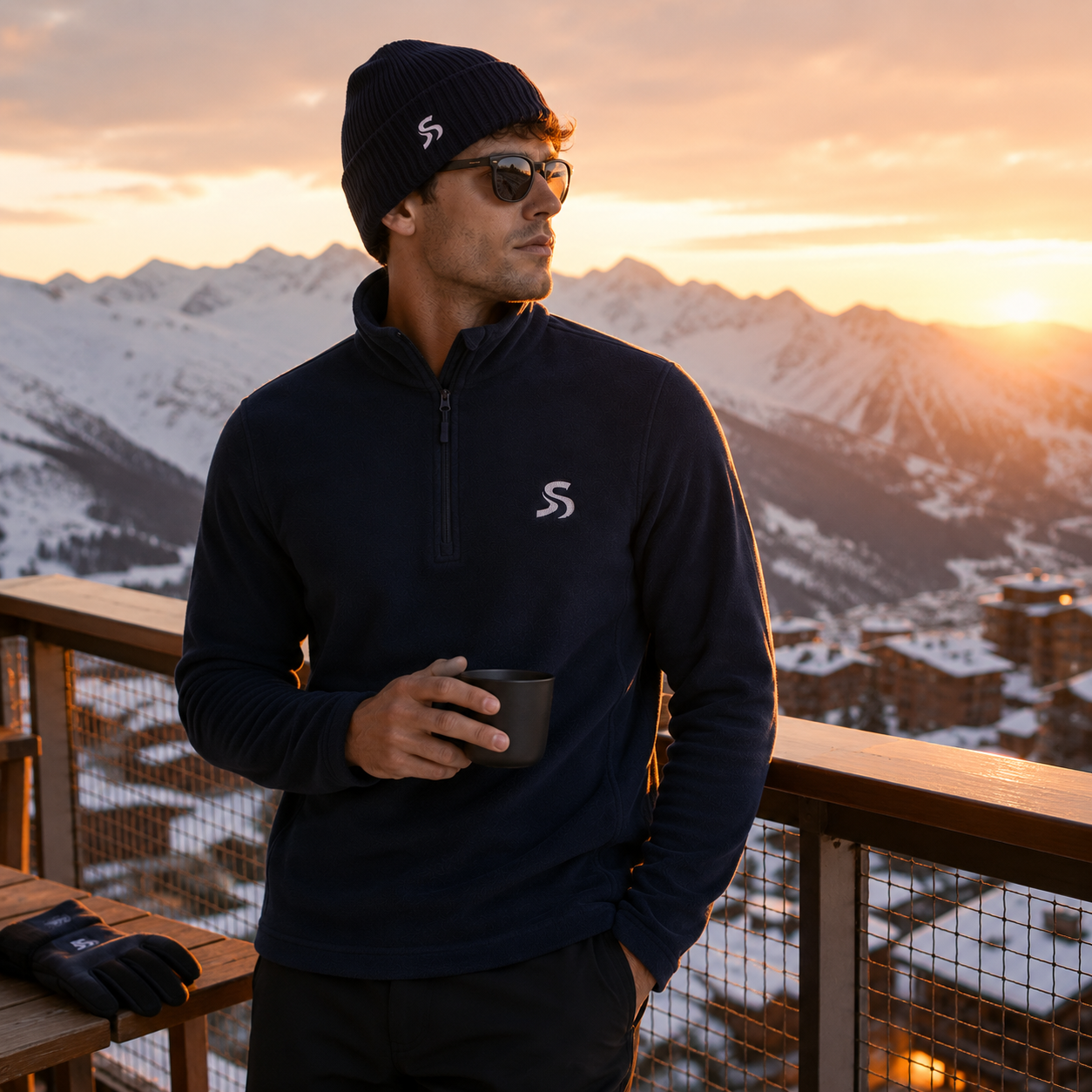 A man wearing a navy blue quarter-zip fleece ski mid layer pullover, matching beanie, and sunglasses stands on a balcony overlooking a snowy Les Arcs ski resort at sunset. He is holding a dark mug.