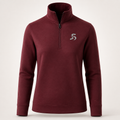 A women's maroon half-zip pullover sweater with a stand-up collar and a small silver embroidered 'S' logo on the left chest, shown against a light gray studio background. Perfect mid layer for skiing.