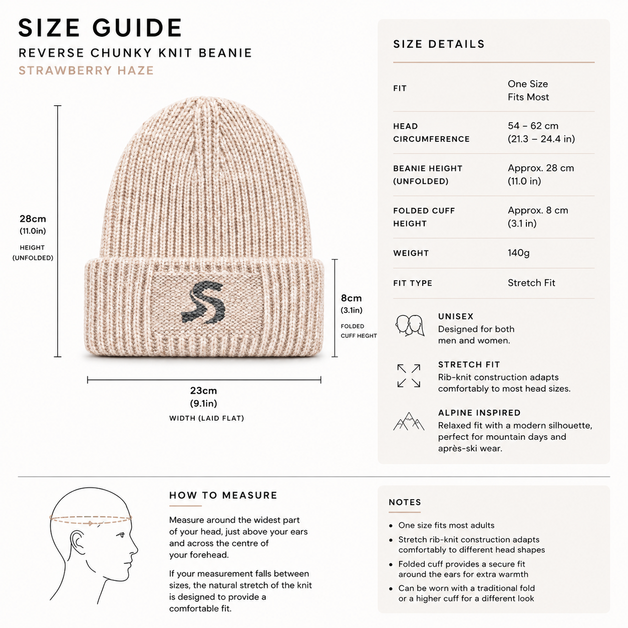 size guide chart featuring a reverse knit winter beanie hat in strawberry haze colour