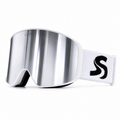 White ski snowboard goggles with silver mirror reflective lens featuring 'skyra Performance Optics' branding on a white strap.