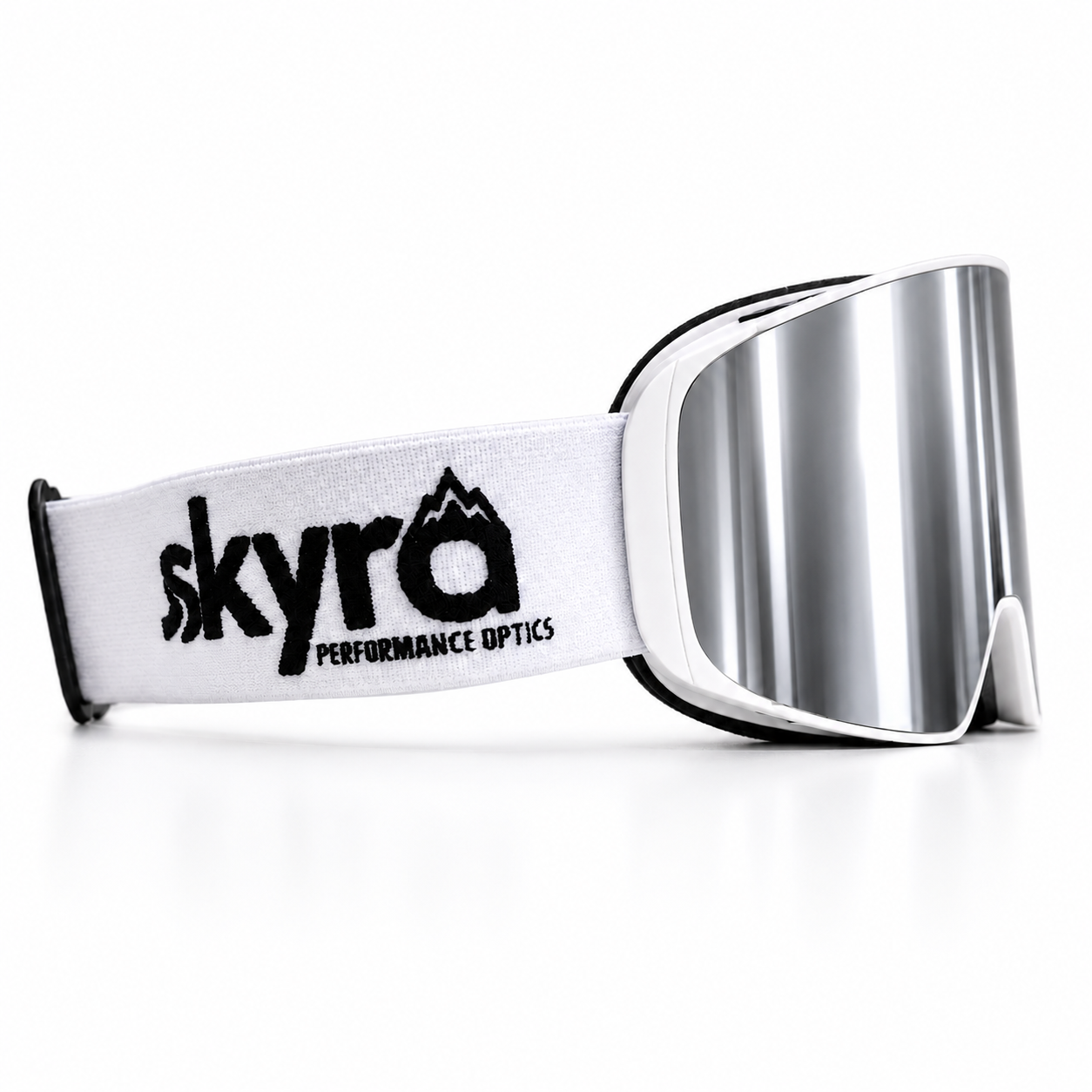 White ski snowboard goggles with silver mirror reflective lens featuring 'skyra Performance Optics' branding on a white strap.