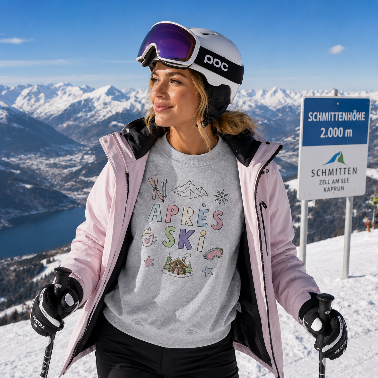 Person in Apres ski gear with a scenic mountain background of Smittenhohe at Zell am See