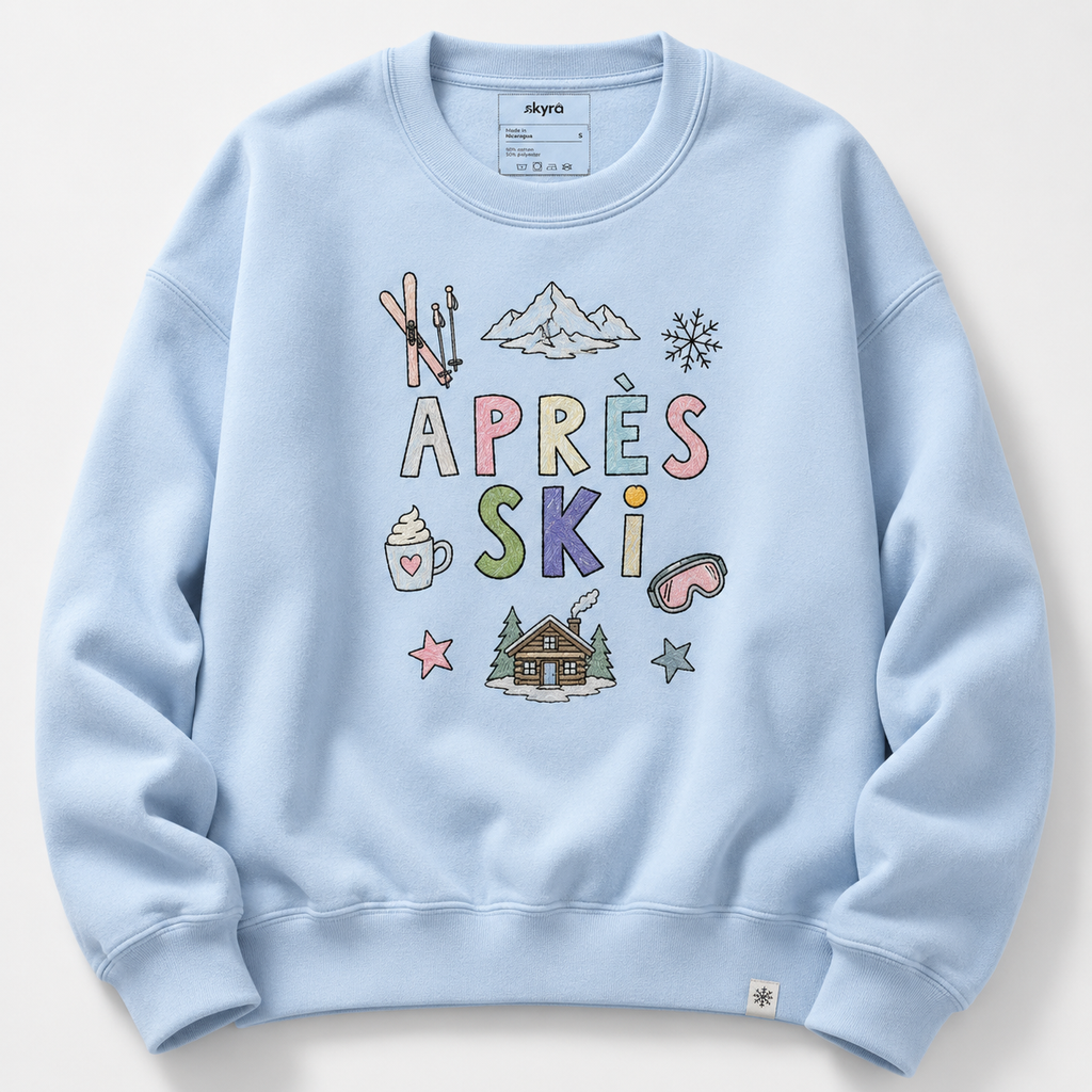 Light blue sweatshirt with colorful 'APRèS SKI' graphics on a white background