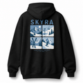 Black hoodie with 'SKYRA' branding and mountain ski vintage graphic on the back against a white background