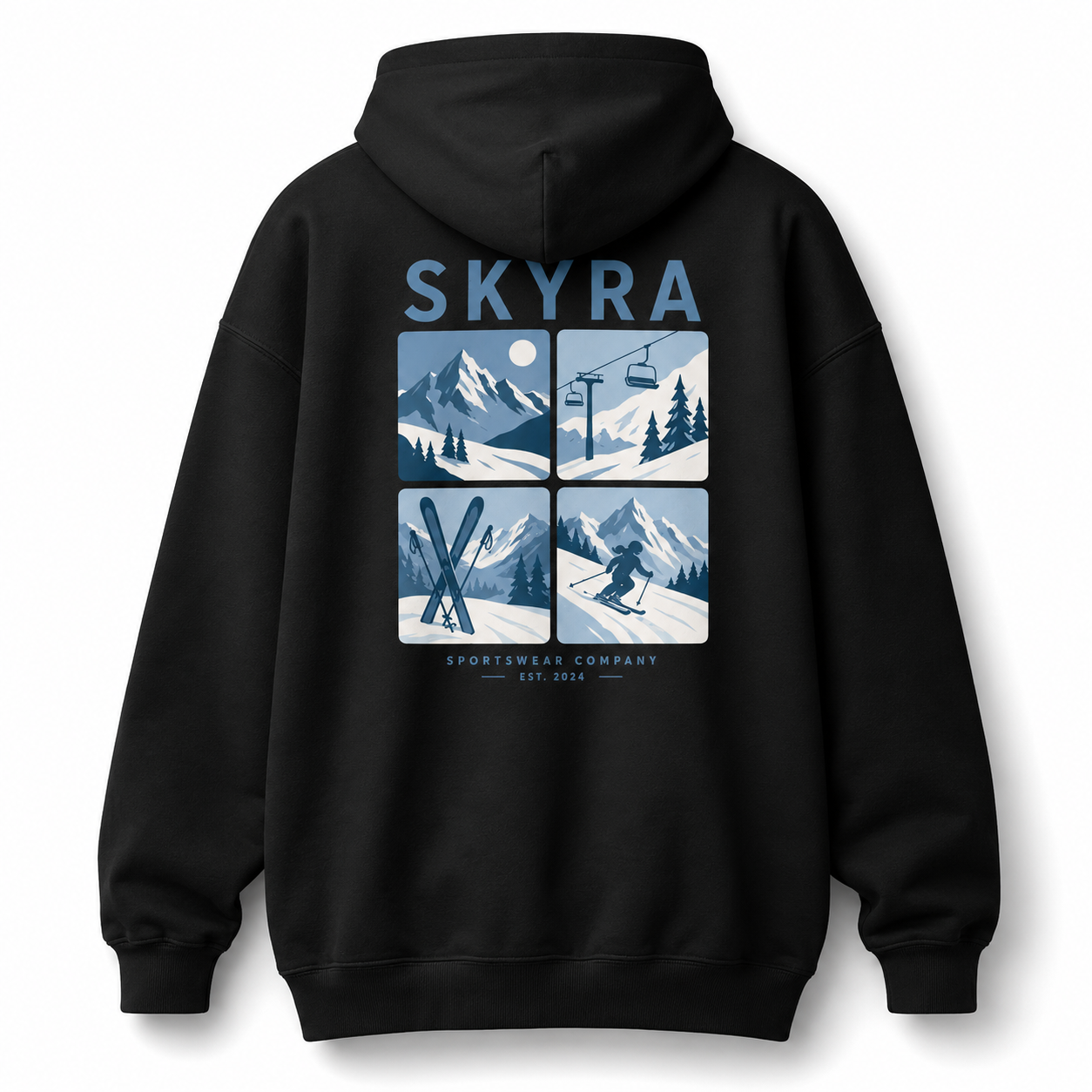 Black hoodie with 'SKYRA' branding and mountain ski vintage graphic on the back against a white background