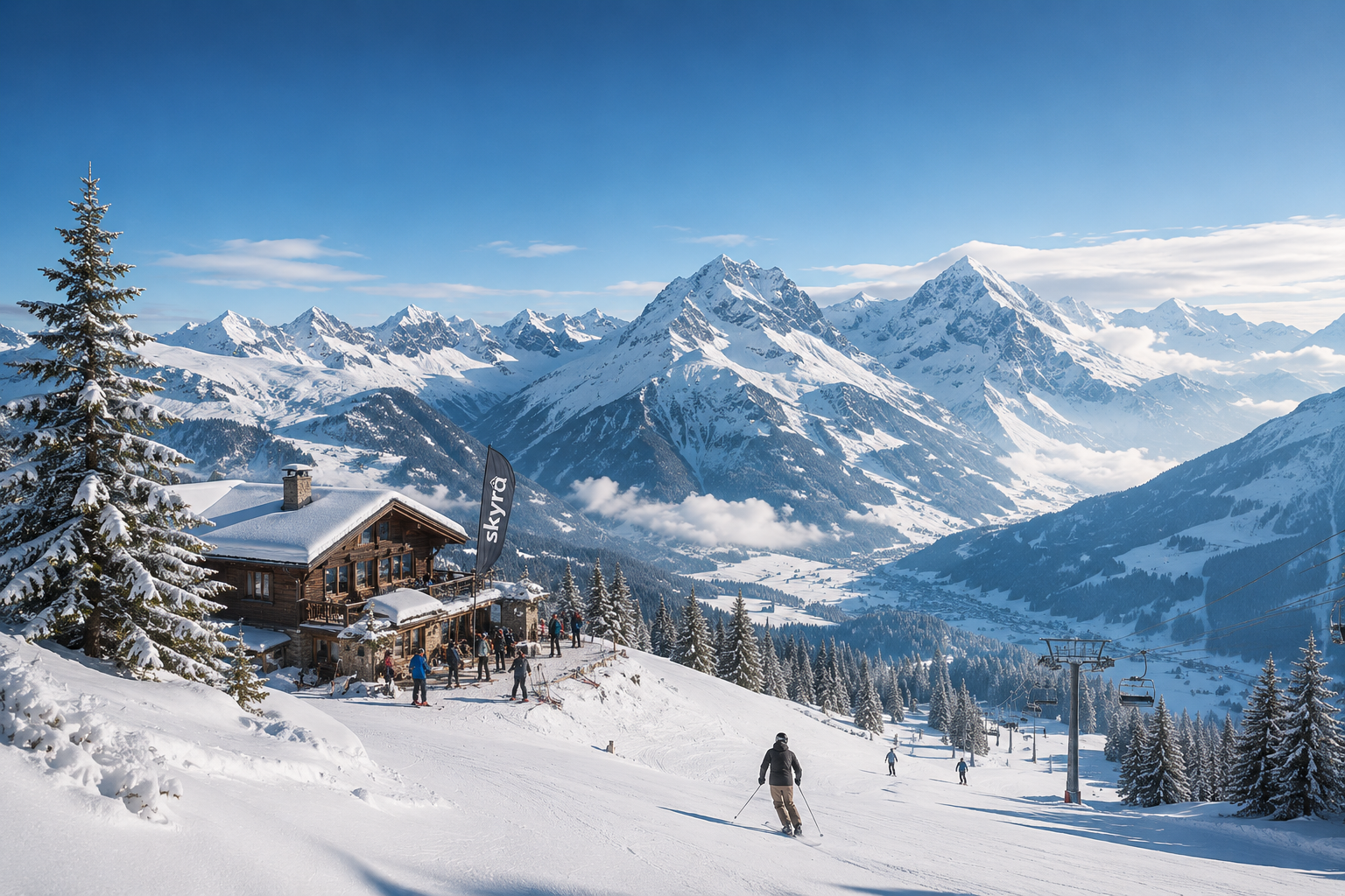 Ski resort with wooden cabin and snow-covered mountains in the background