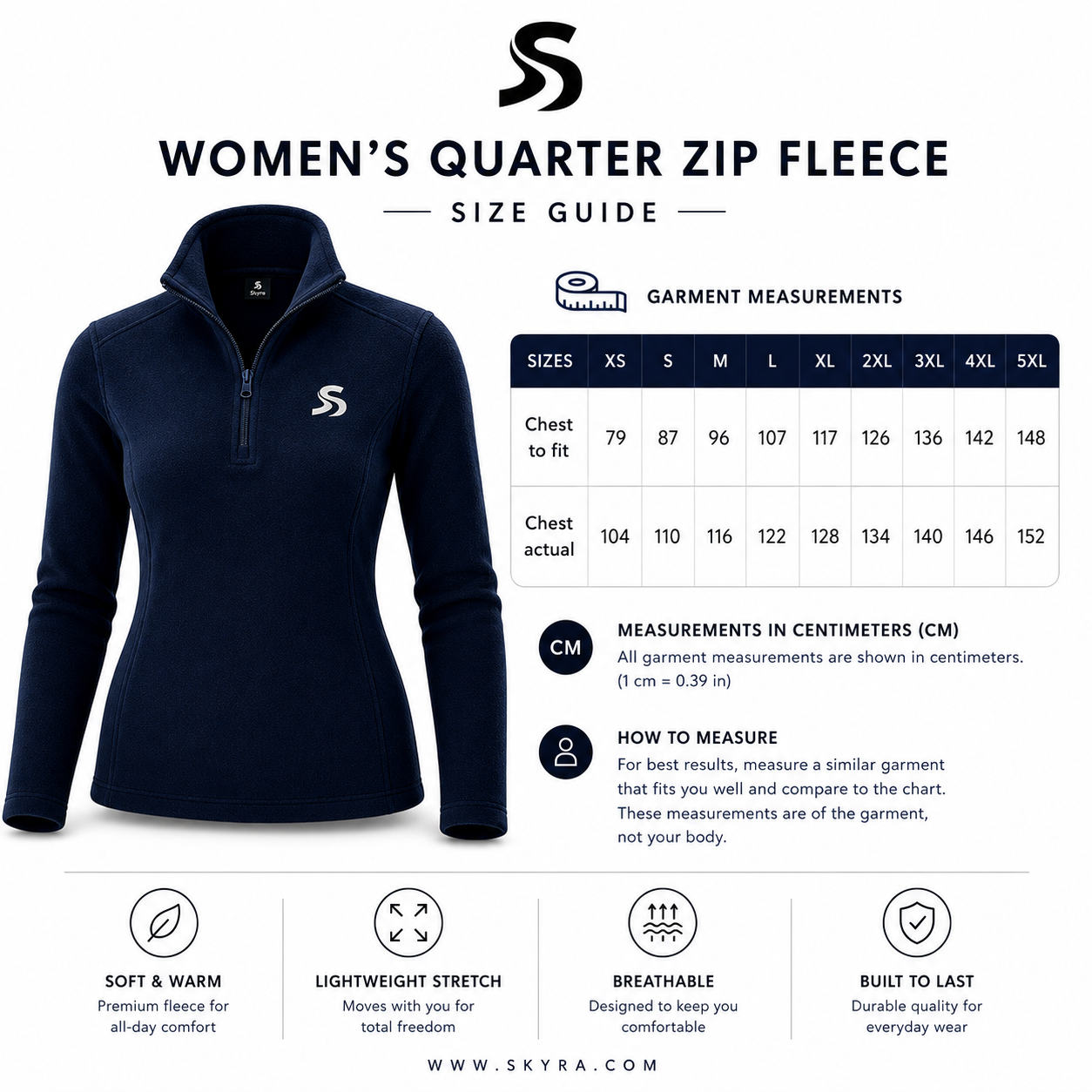 Helpful women's quarter zip fleece size guide with product and measurements on a white background
