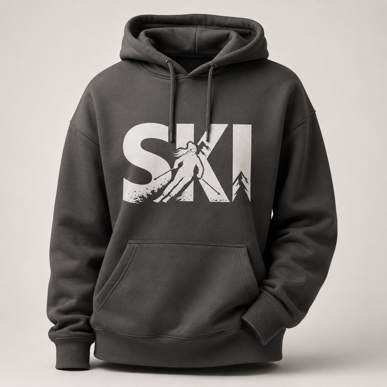 Dark gray hoodie with 'Ski' graphic on a light gray background