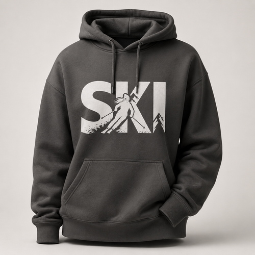 Dark gray hoodie with 'Ski' graphic on a light gray background