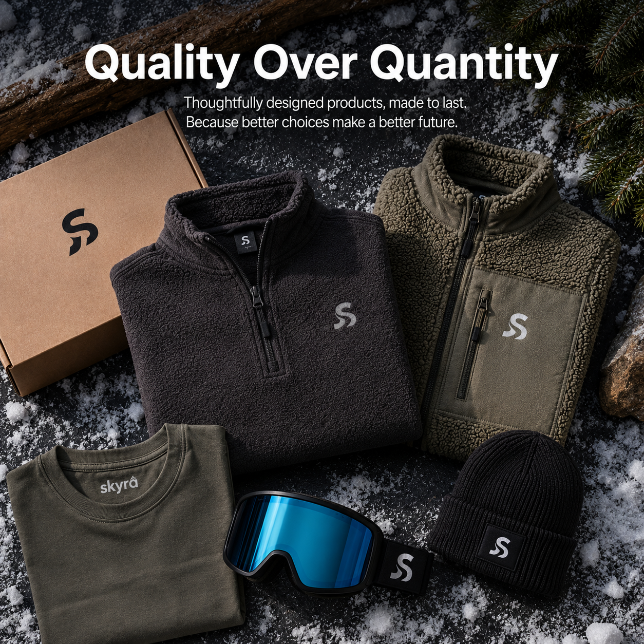 Image with Sustainability message of Quality over quantity. Fleece clothing and accessories with 'skyra' branding on a textured surface.