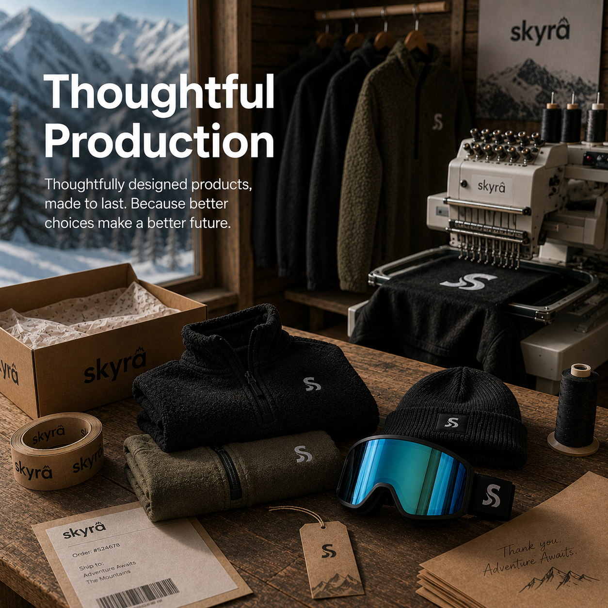Image with a sustainability message of thoughtful production. Workshop setting with clothing, embroidery machine, and 'skyrá' branding.