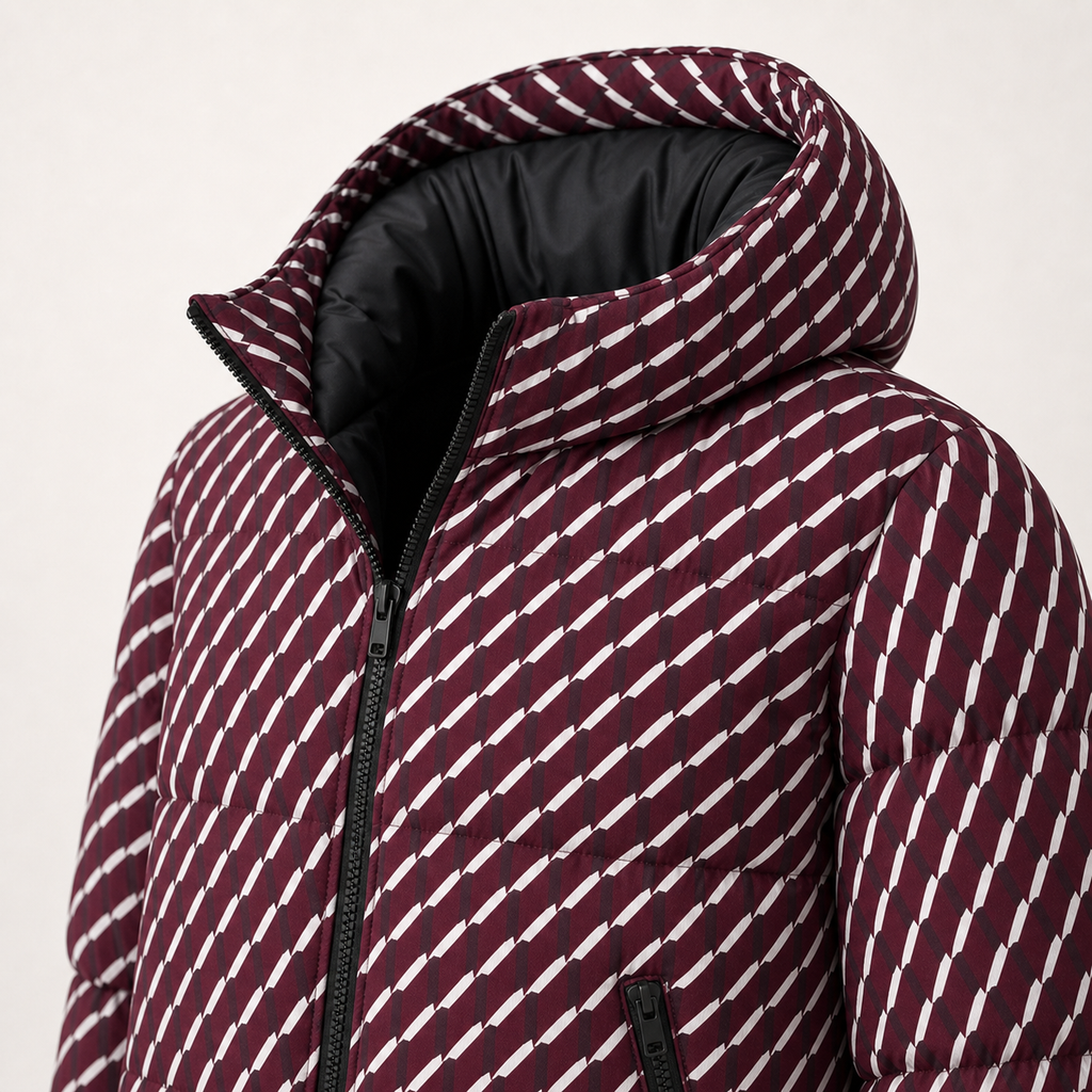 A close-up of a hooded puffer jacket featuring a diagonal striped pattern in burgundy and white, with a black interior lining and black zipper.