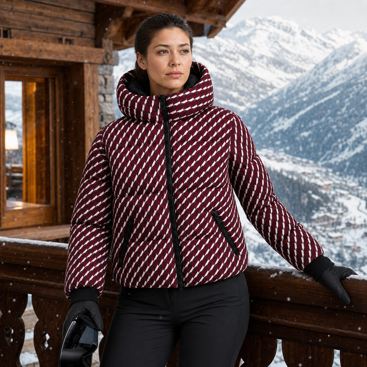 Burgundy and Beige Ski Puffer Jacket Women on chalet balcony