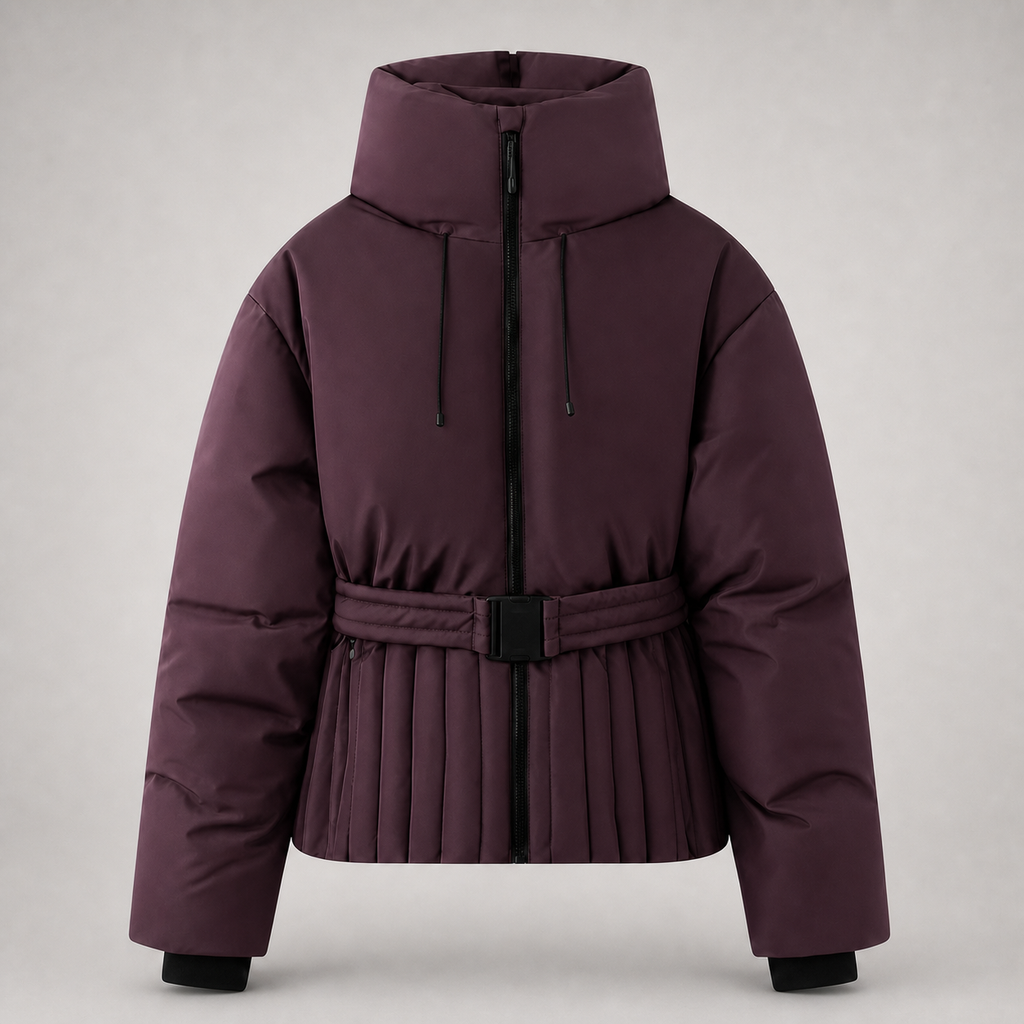 A dark plum purple puffer ski jacket with a high collar, front zipper, drawstrings, a matching pleated waist belt, and black cuffs, shown on a neutral gray background.