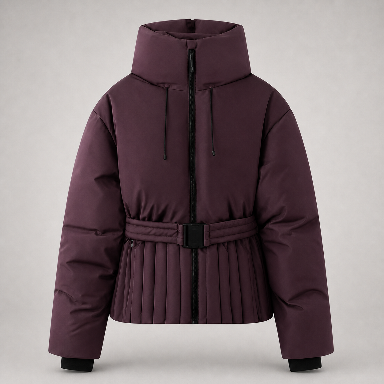 A dark plum purple puffer ski jacket with a high collar, front zipper, drawstrings, a matching pleated waist belt, and black cuffs, shown on a neutral gray background.