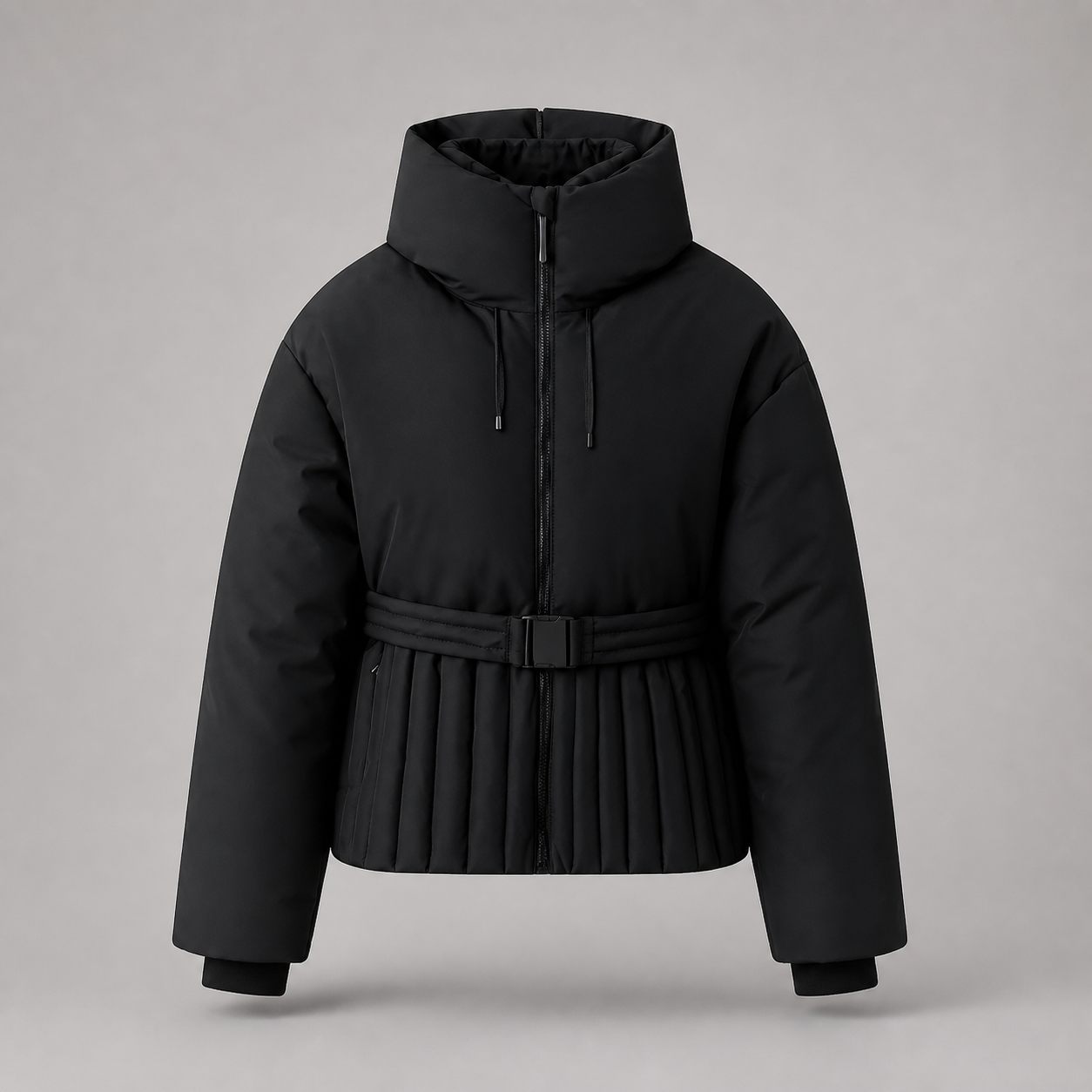 A black cropped puffer ski jacket with a high stand-up collar, front zipper, drawstrings, a matching fabric belt with a rectangular buckle, and ribbed cuffs, shown against a neutral gray studio background.