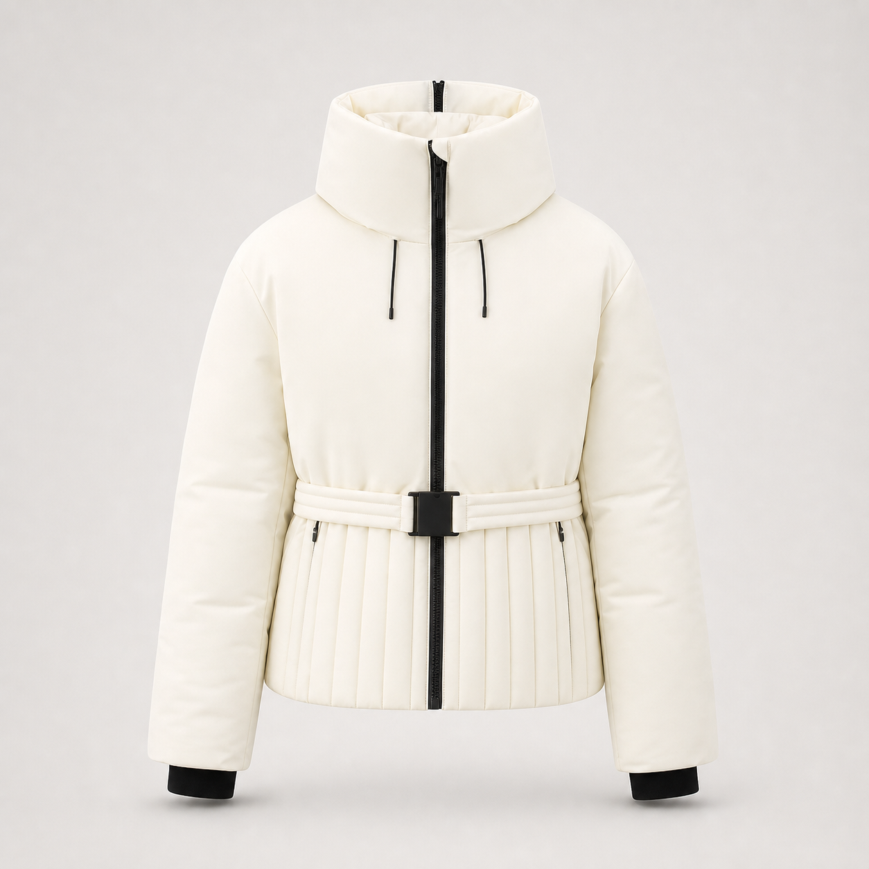 An off-white puffer ski jacket with a high stand-up collar, a central black zipper, a matching fabric belt with a black buckle, and black cuffs, shown against a light gray studio background.