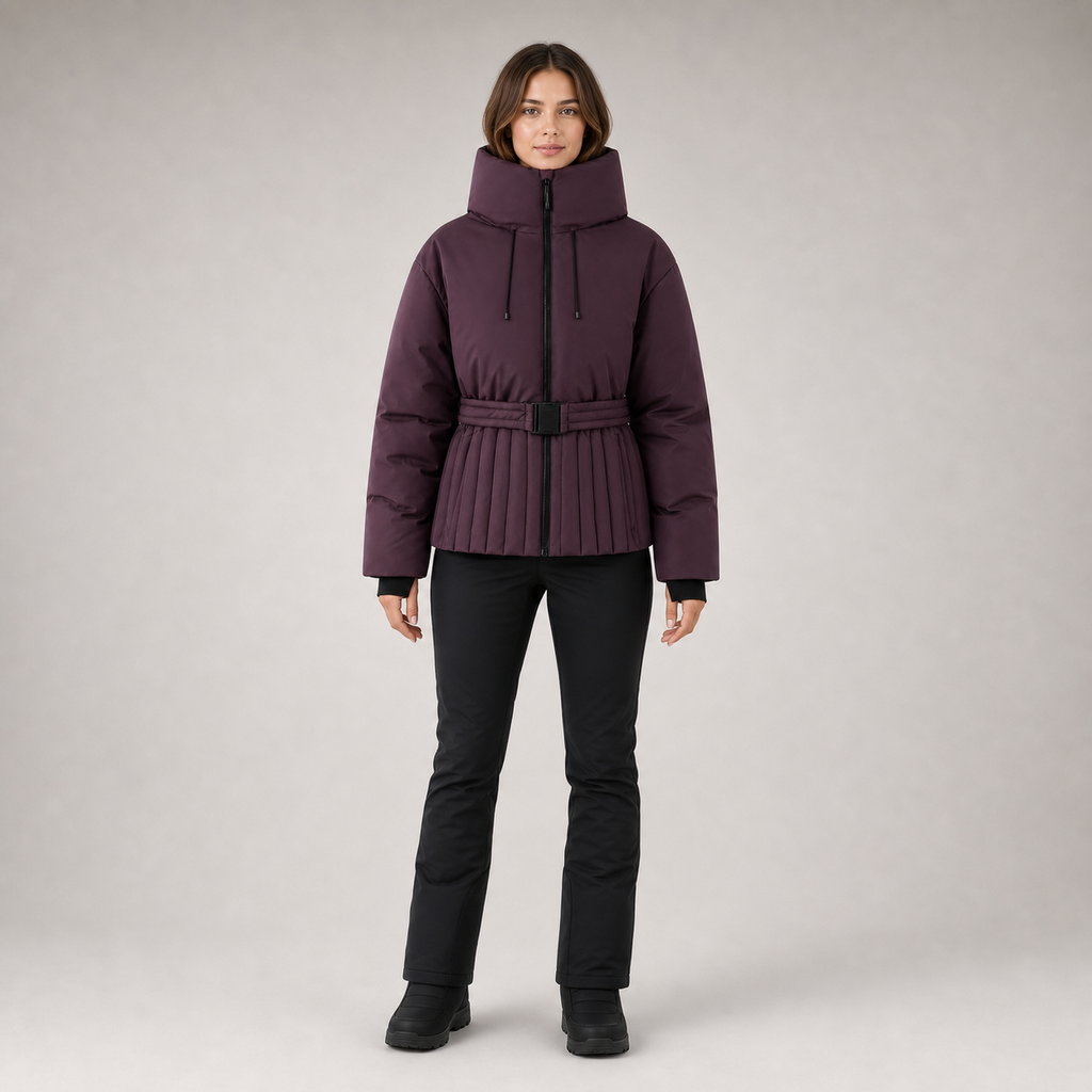 A model stands against a light gray studio background wearing a dark plum purple puffer jacket with a high collar, drawstrings, a pleated front, and a matching belt, paired with black pants and boots.