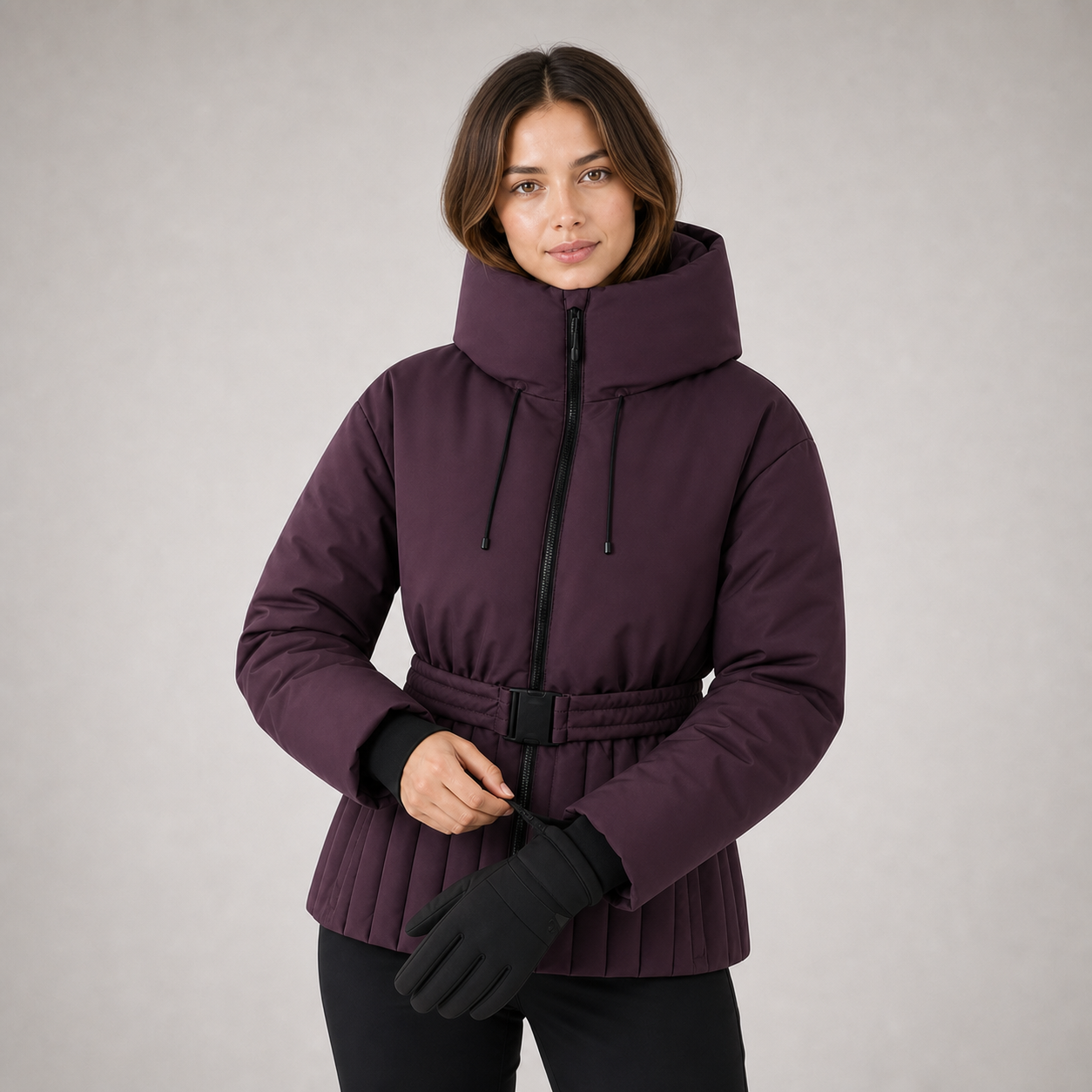 A woman wearing a dark plum purple hooded puffer jacket with a black zipper, black belt, and black gloves, standing against a neutral gray studio background.