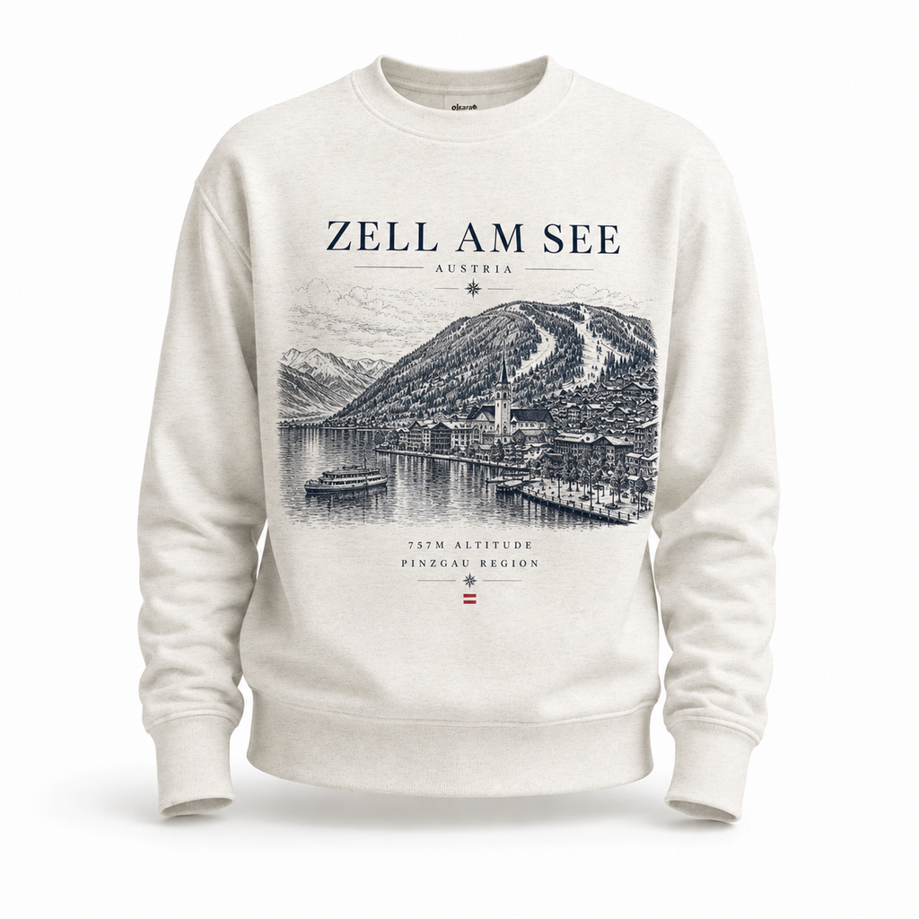 Oatmeal Heather Sweatshirt featuring iconic hand drawn sketch of Zell am See, Austria