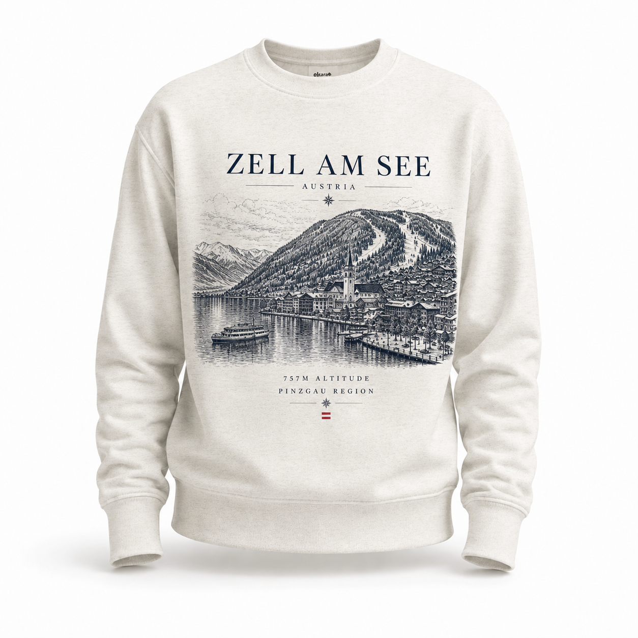 Oatmeal Heather Sweatshirt featuring iconic hand drawn sketch of Zell am See, Austria