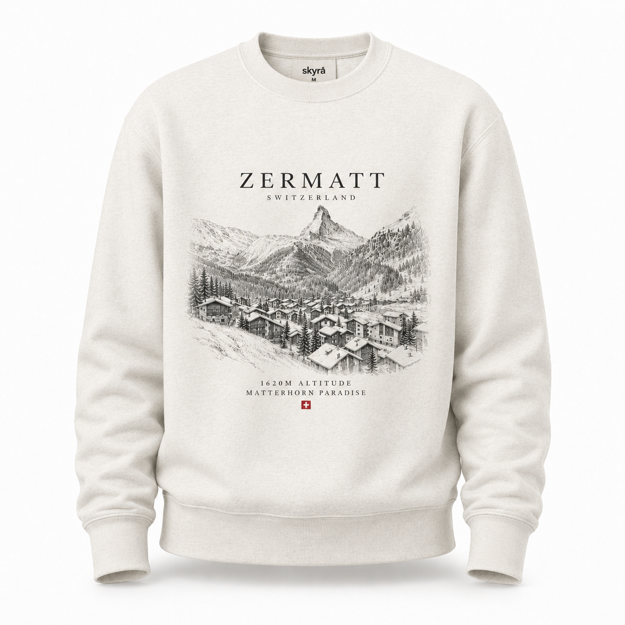 An off-white crewneck sweatshirt featuring a black line art graphic of Zermatt, Switzerland, with the text 'ZERMATT SWITZERLAND' and 'Matterhorn Paradise' printed on the front