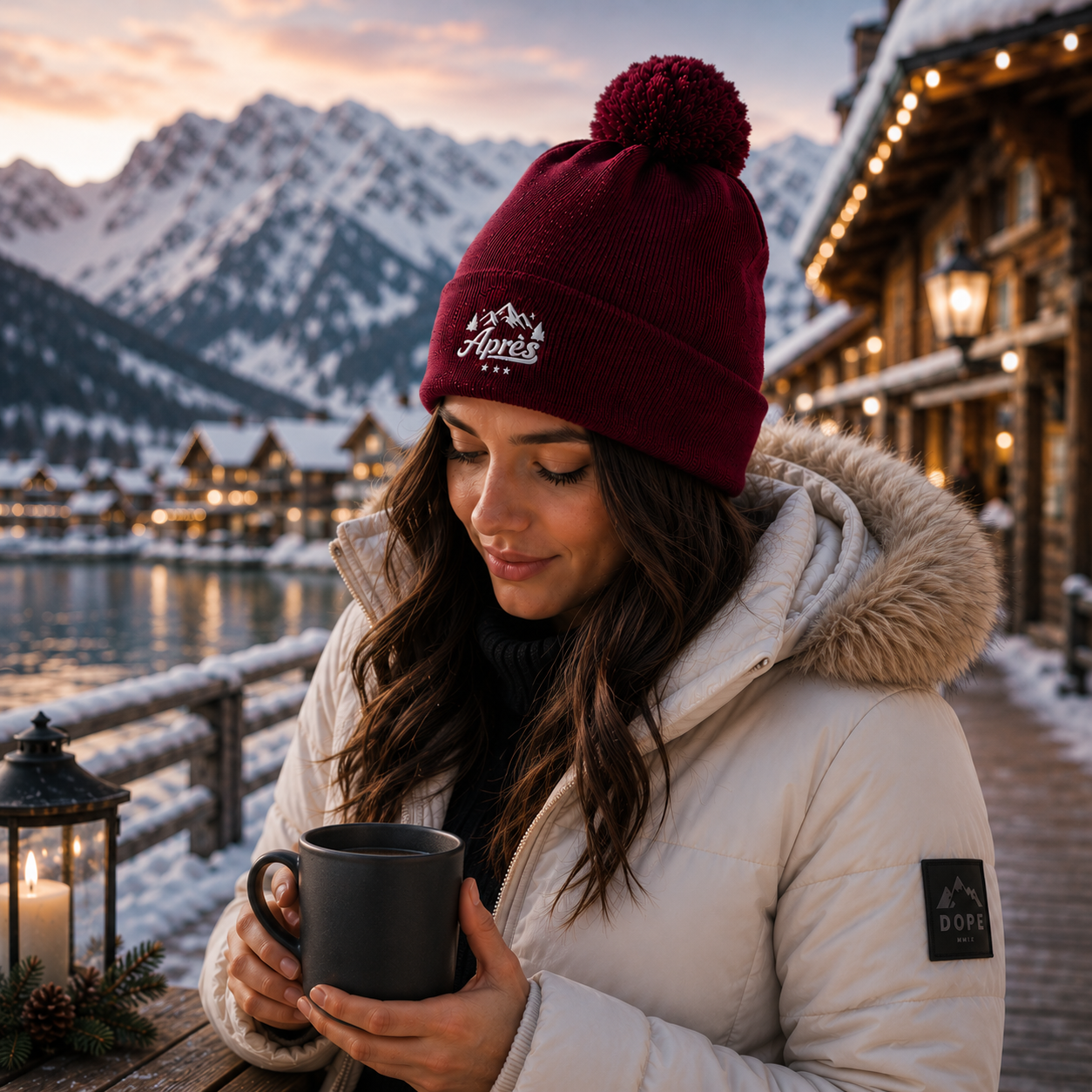 Woman wearing apres ski beanie in winter clothing holding a mug with a scenic alpine snowy landscape and wooden cabin in the background.