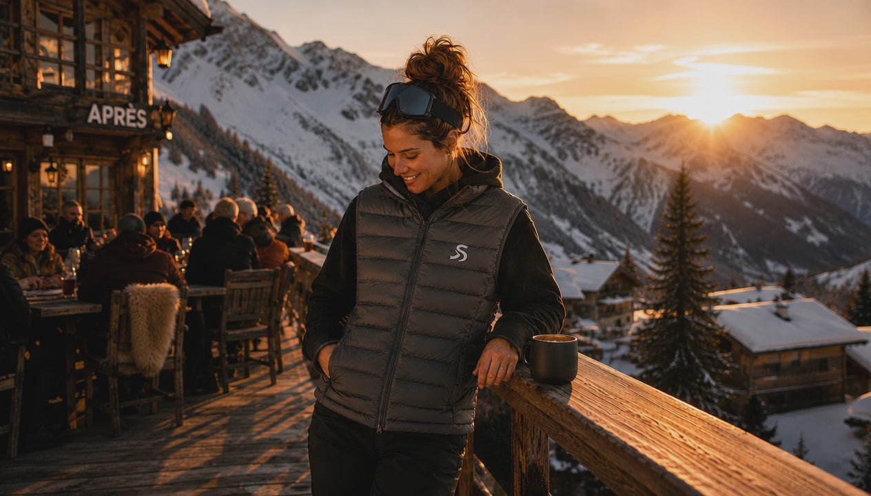 Woman wearing gilet in Apres Ski hut in the alps